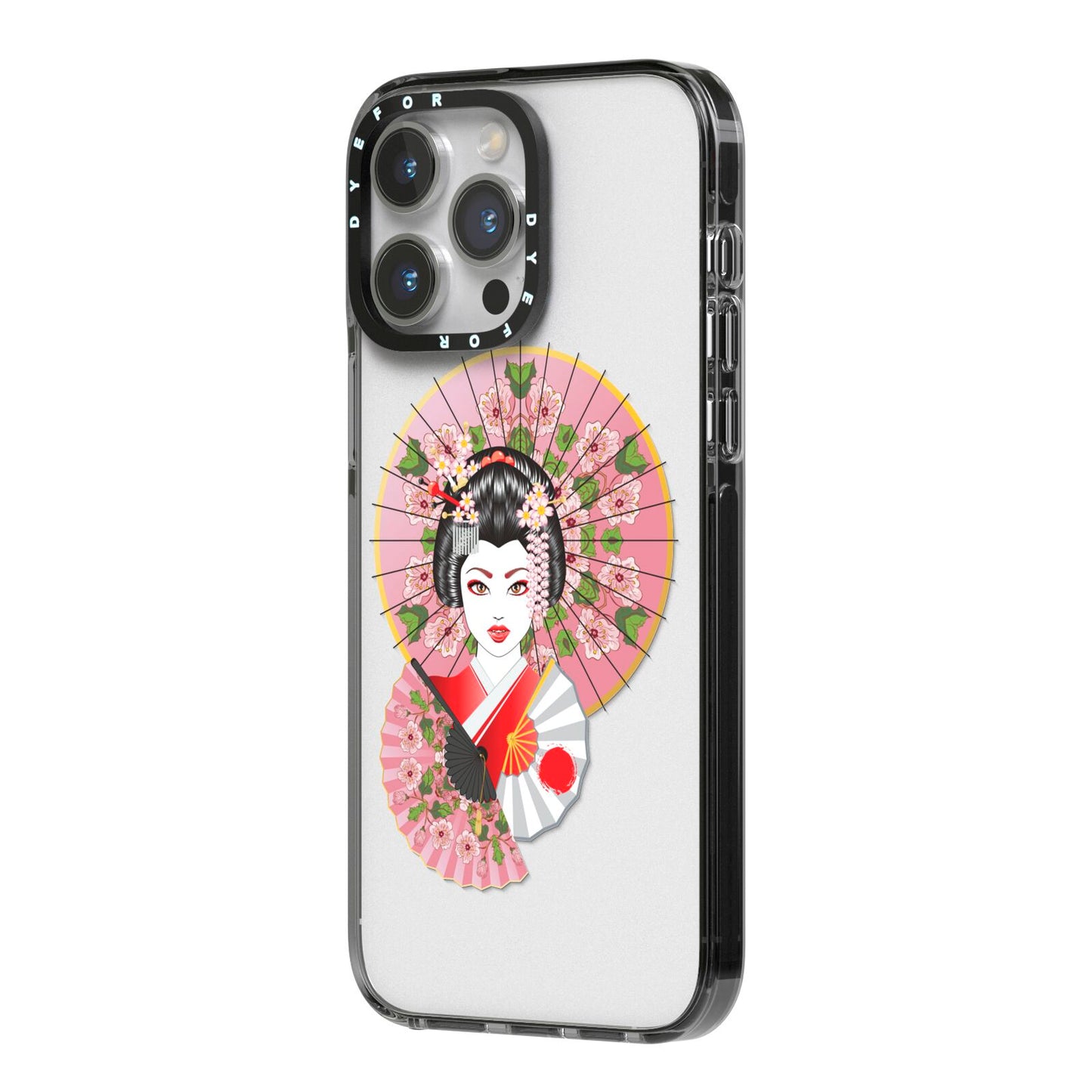 Geisha Girl iPhone 14 Pro Max Black Impact Case Side Angle on Silver phone