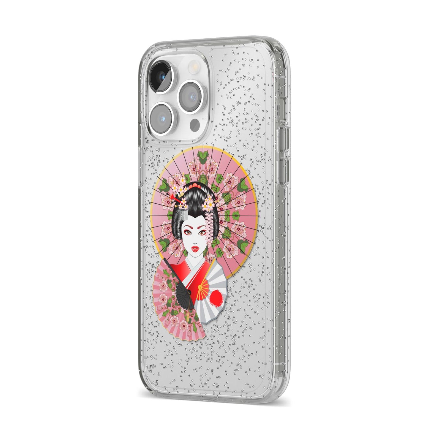 Geisha Girl iPhone 14 Pro Max Glitter Tough Case Silver Angled Image