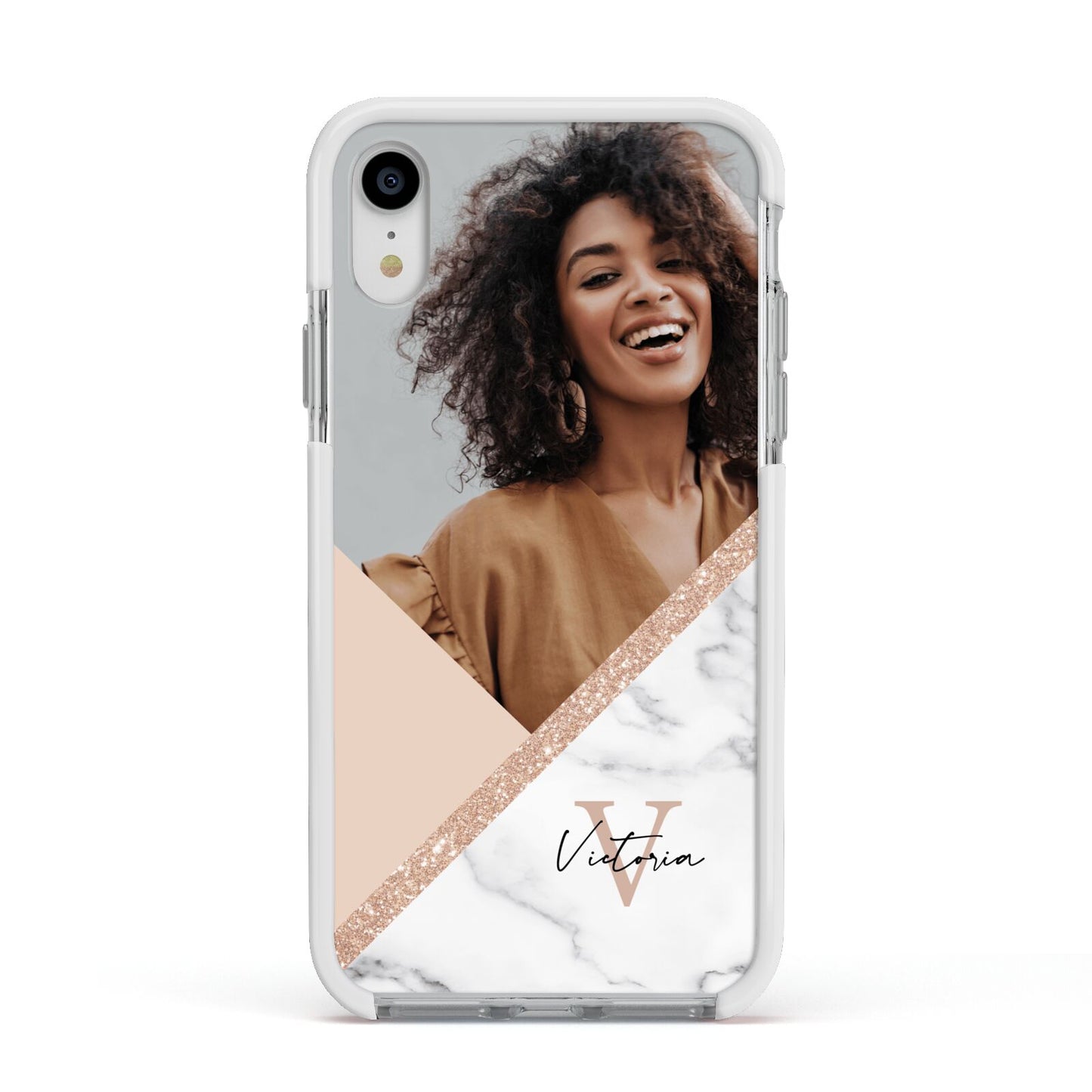 Geometric Marble Photo Upload Apple iPhone XR Impact Case White Edge on Silver Phone