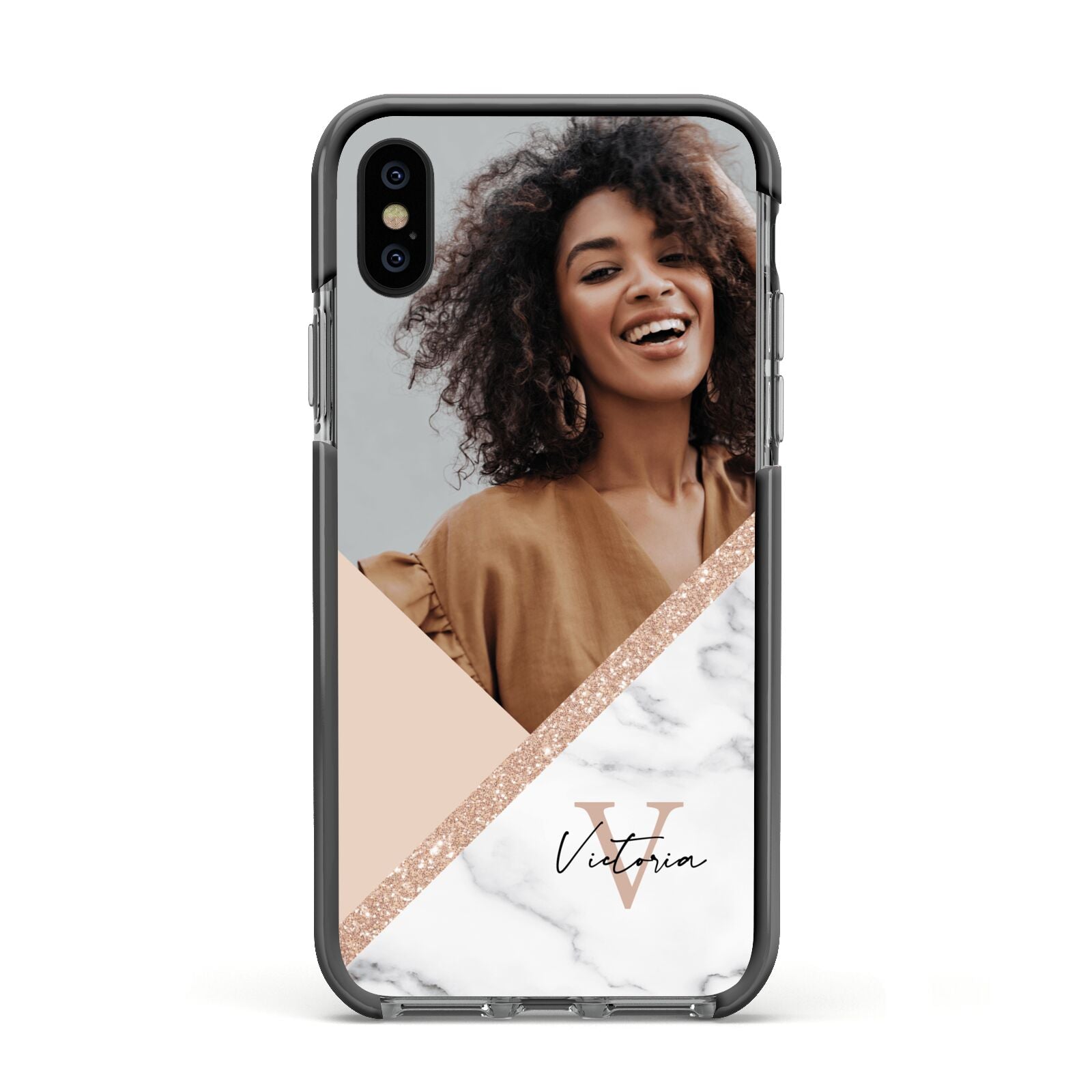 Geometric Marble Photo Upload Apple iPhone Xs Impact Case Black Edge on Black Phone