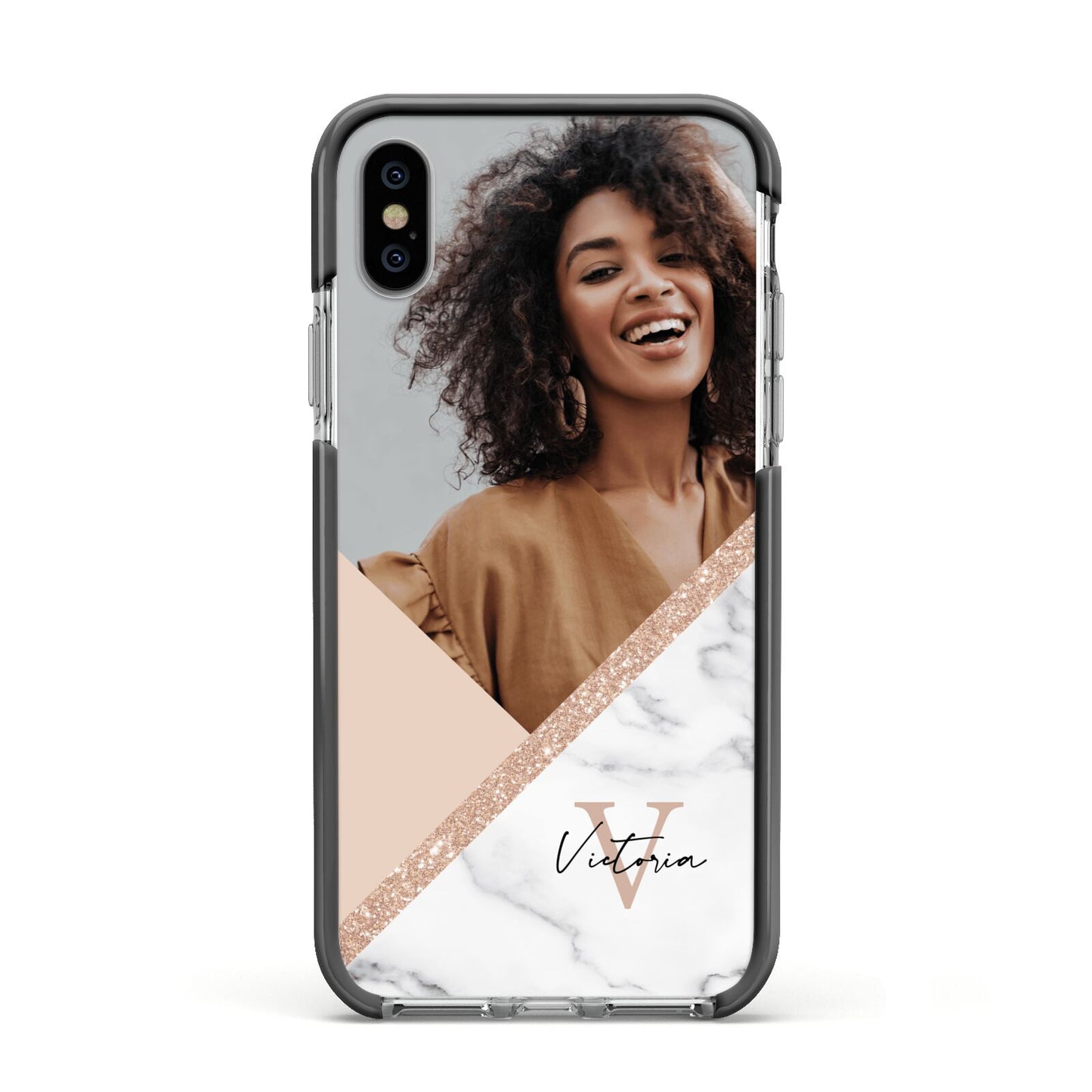 Geometric Marble Photo Upload Apple iPhone Xs Impact Case Black Edge on Silver Phone