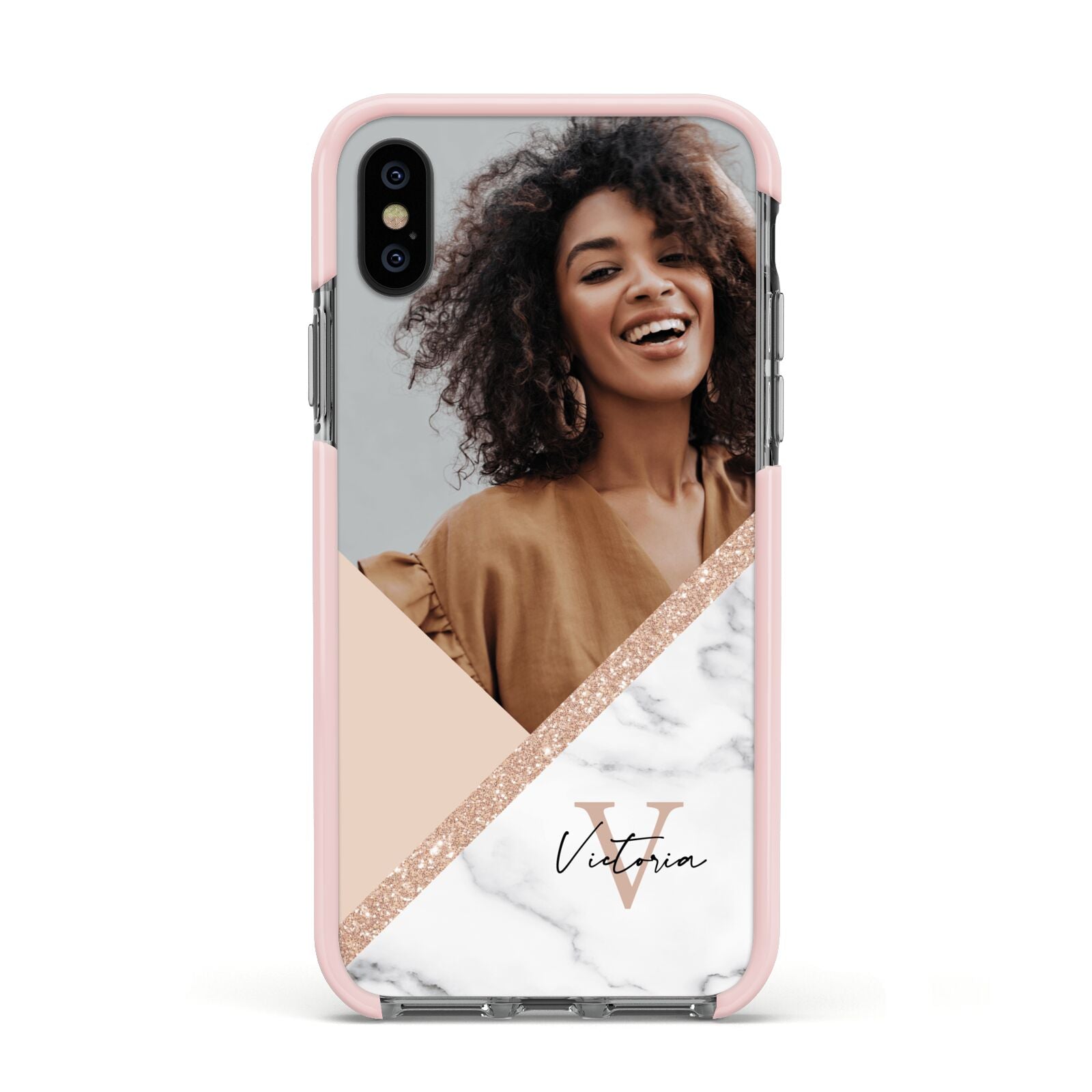 Geometric Marble Photo Upload Apple iPhone Xs Impact Case Pink Edge on Black Phone