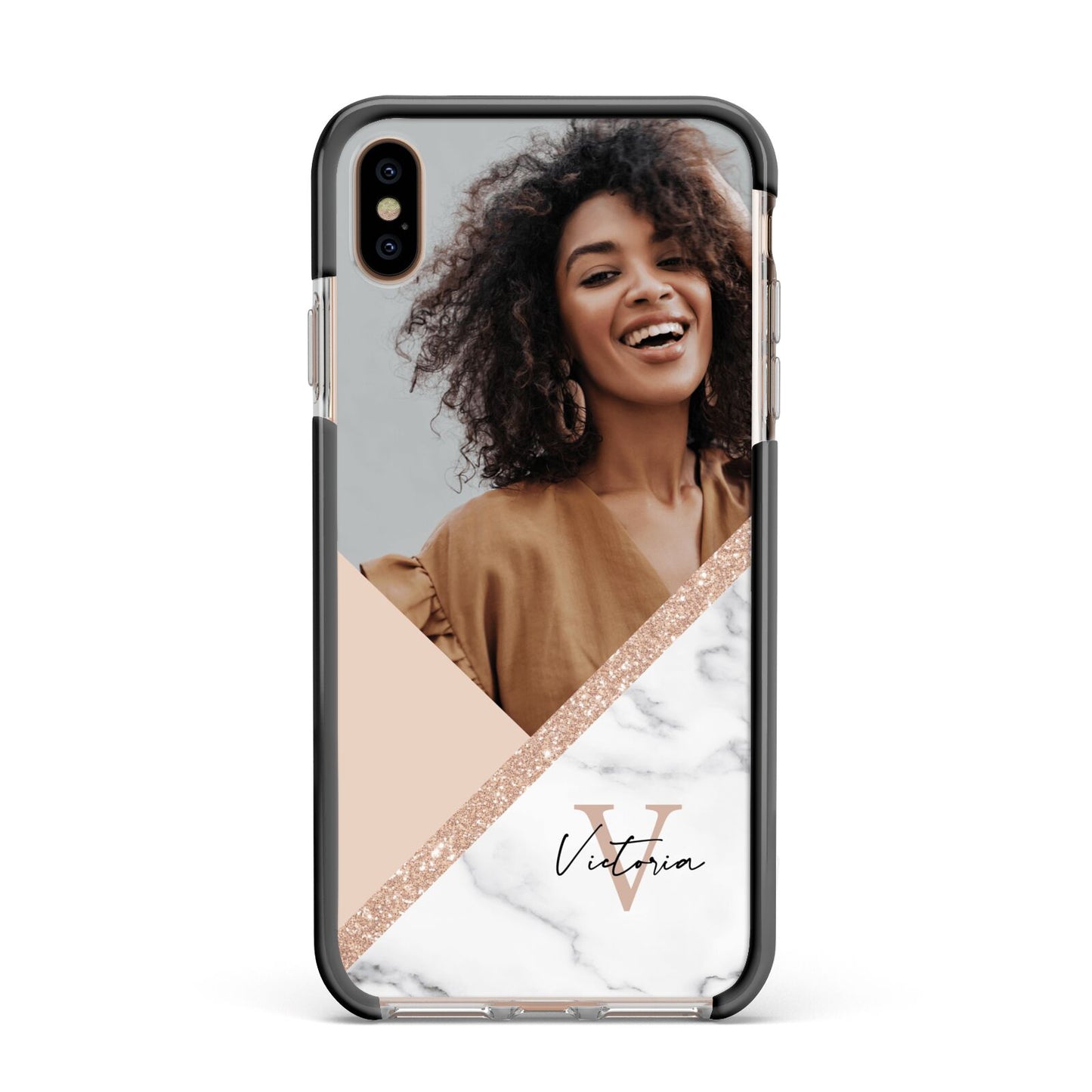 Geometric Marble Photo Upload Apple iPhone Xs Max Impact Case Black Edge on Gold Phone