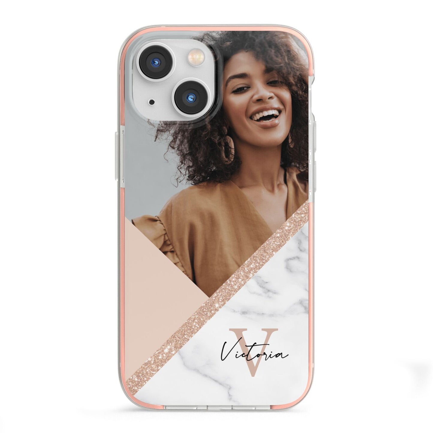 Geometric Marble Photo Upload iPhone 13 Mini TPU Impact Case with Pink Edges