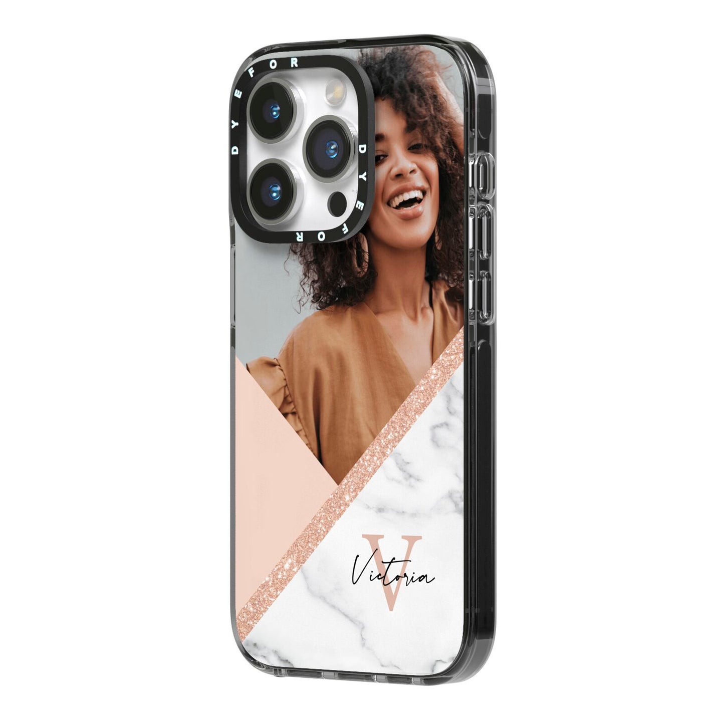 Geometric Marble Photo Upload iPhone 14 Pro Black Impact Case Side Angle on Silver phone