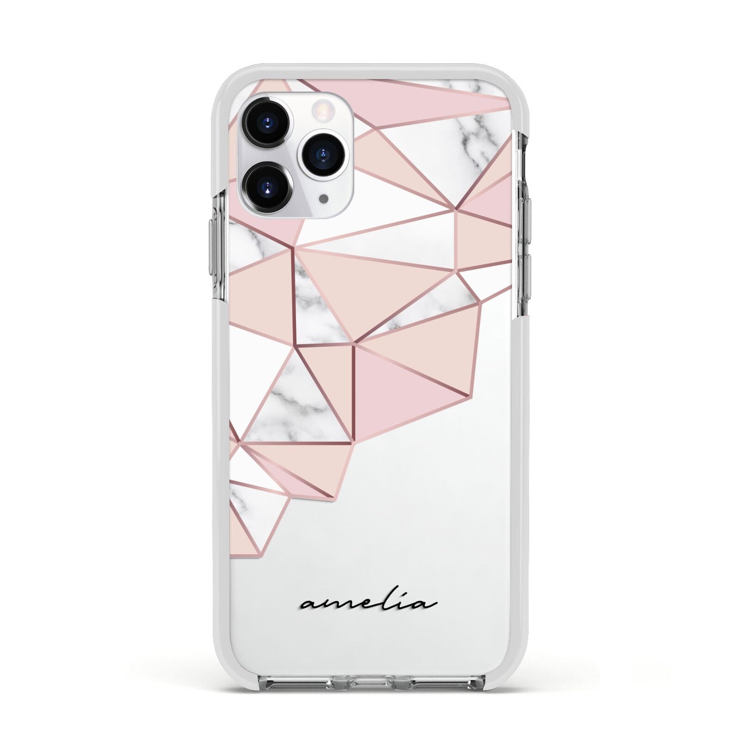 Geometric Pink Marble with Name Apple iPhone 11 Pro in Silver with White Impact Case