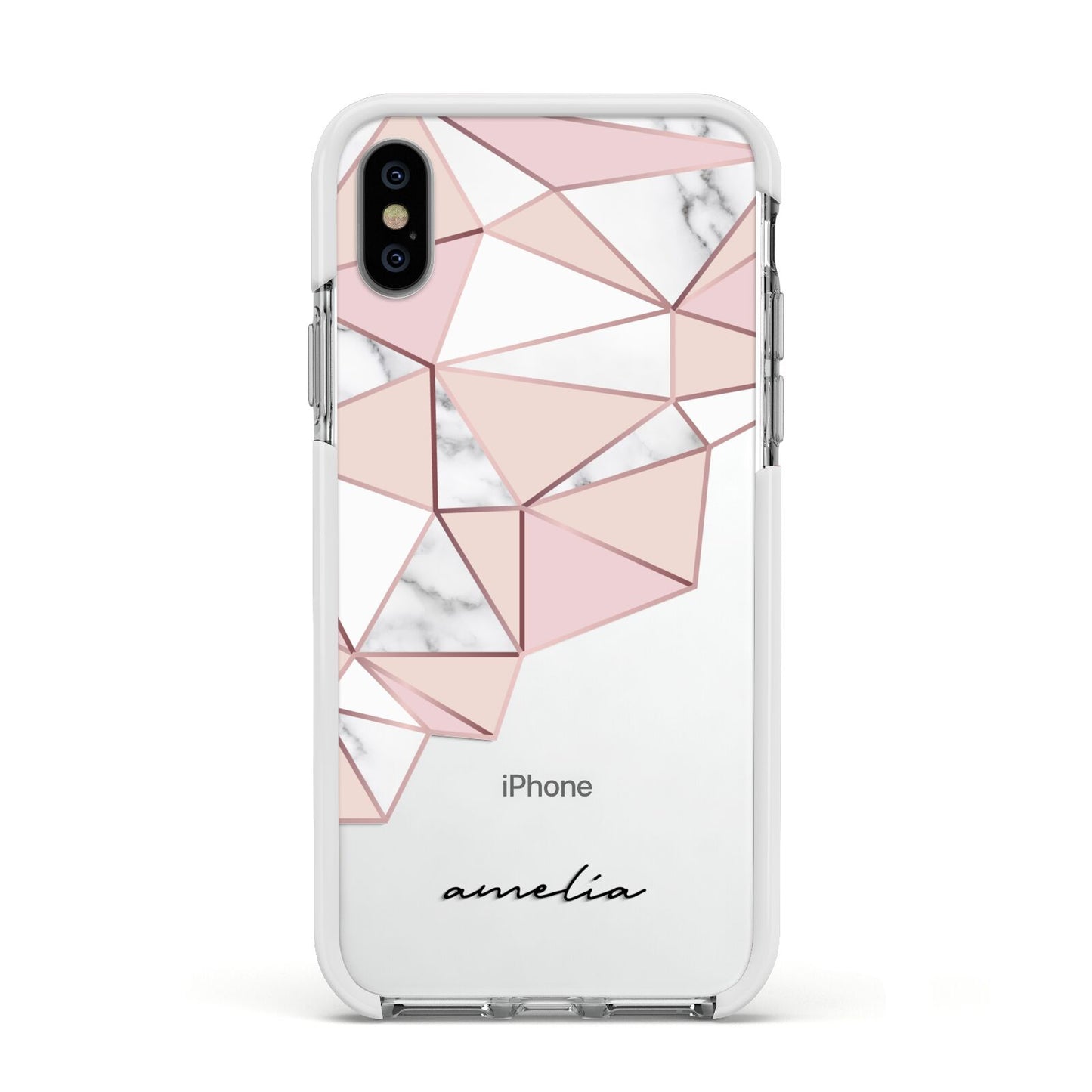 Geometric Pink Marble with Name Apple iPhone Xs Impact Case White Edge on Silver Phone