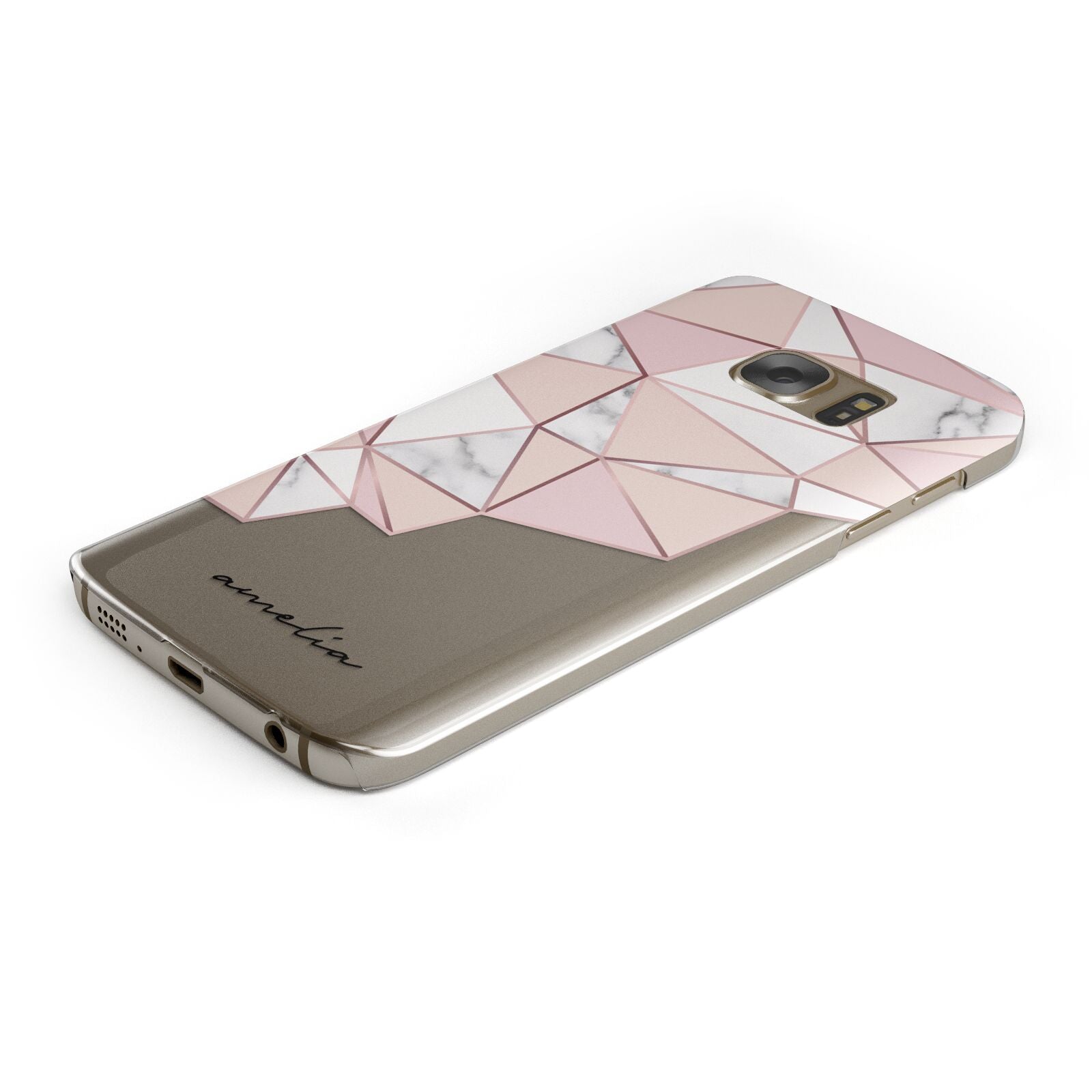 Geometric Pink Marble with Name Protective Samsung Galaxy Case Angled Image