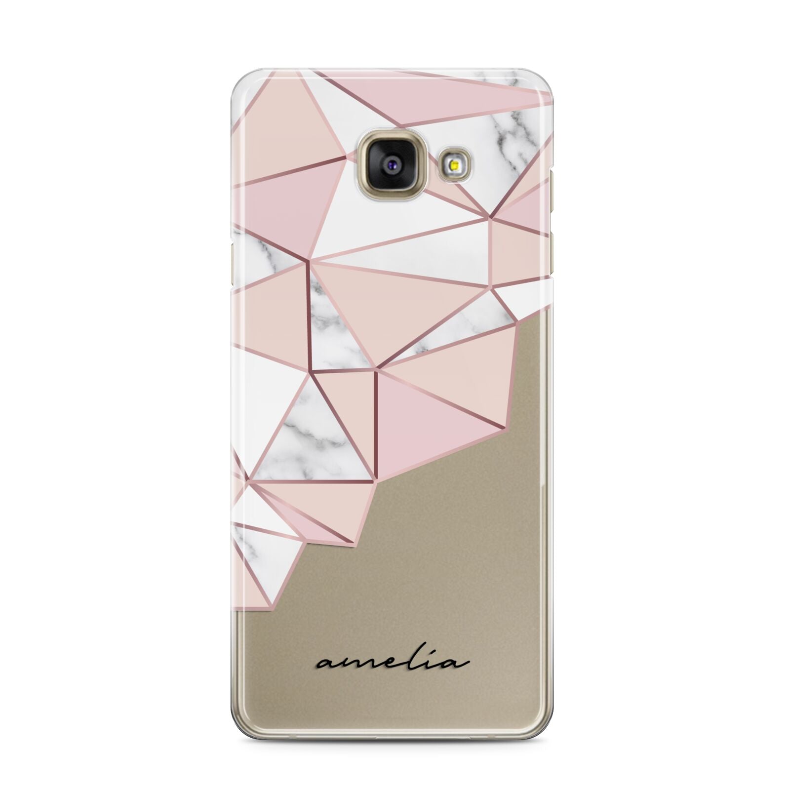 Geometric Pink Marble with Name Samsung Galaxy A3 2016 Case on gold phone