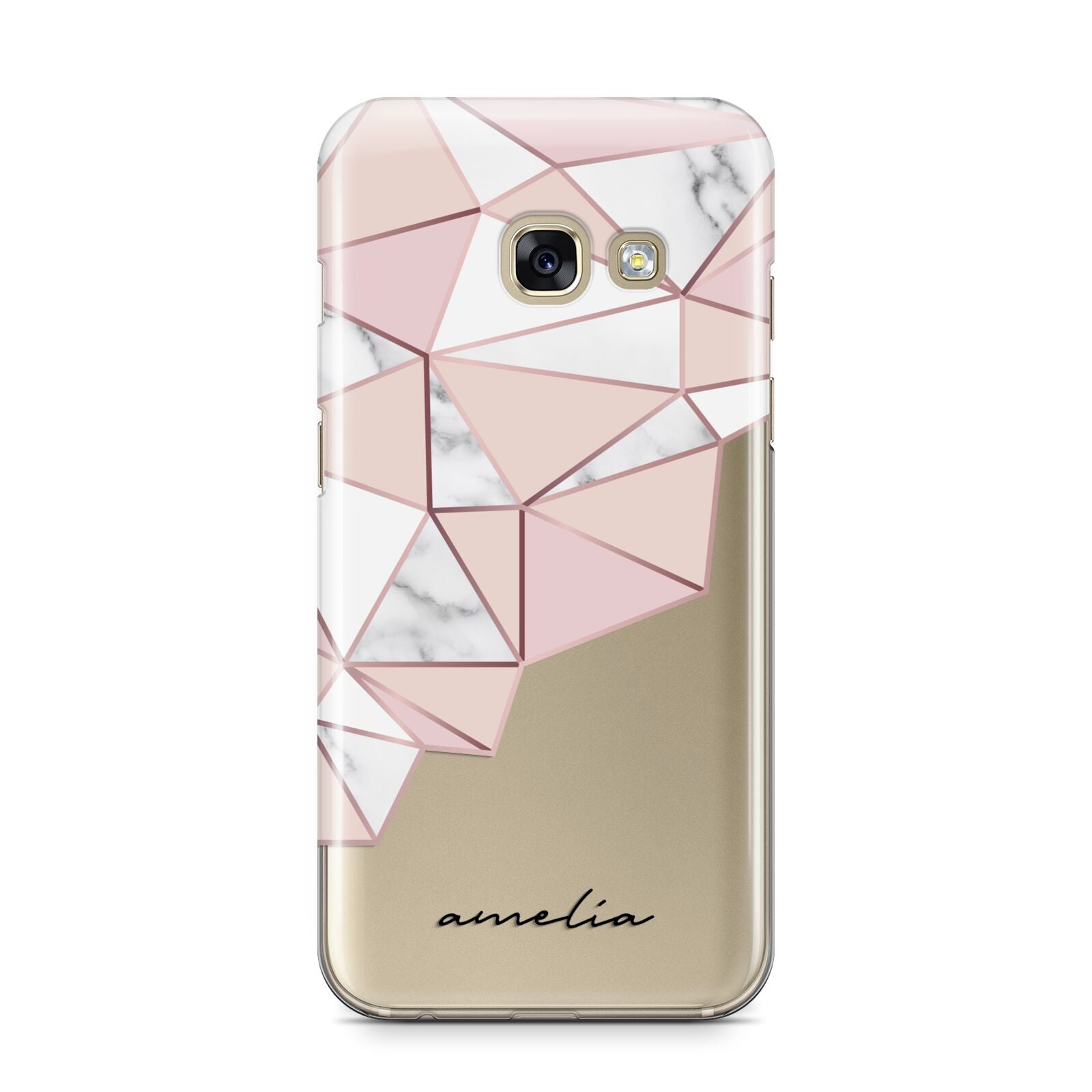 Geometric Pink Marble with Name Samsung Galaxy A3 2017 Case on gold phone