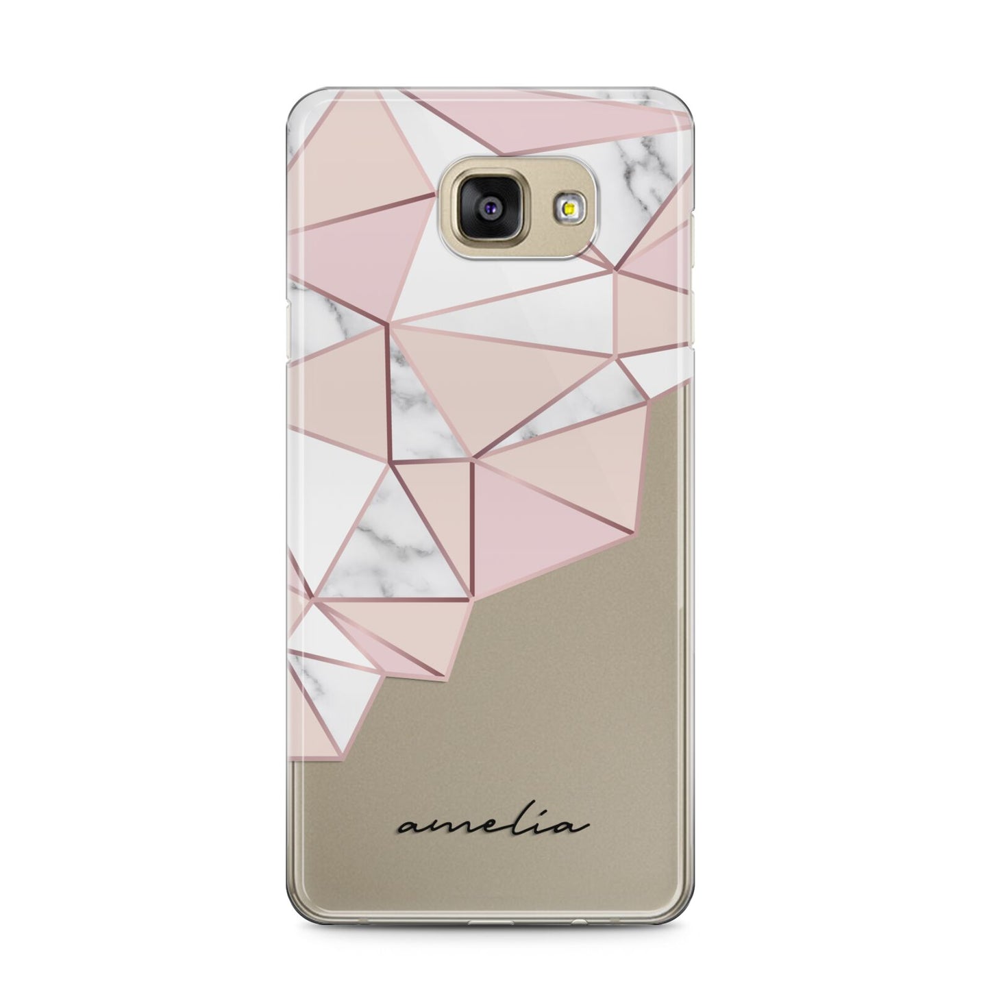 Geometric Pink Marble with Name Samsung Galaxy A5 2016 Case on gold phone