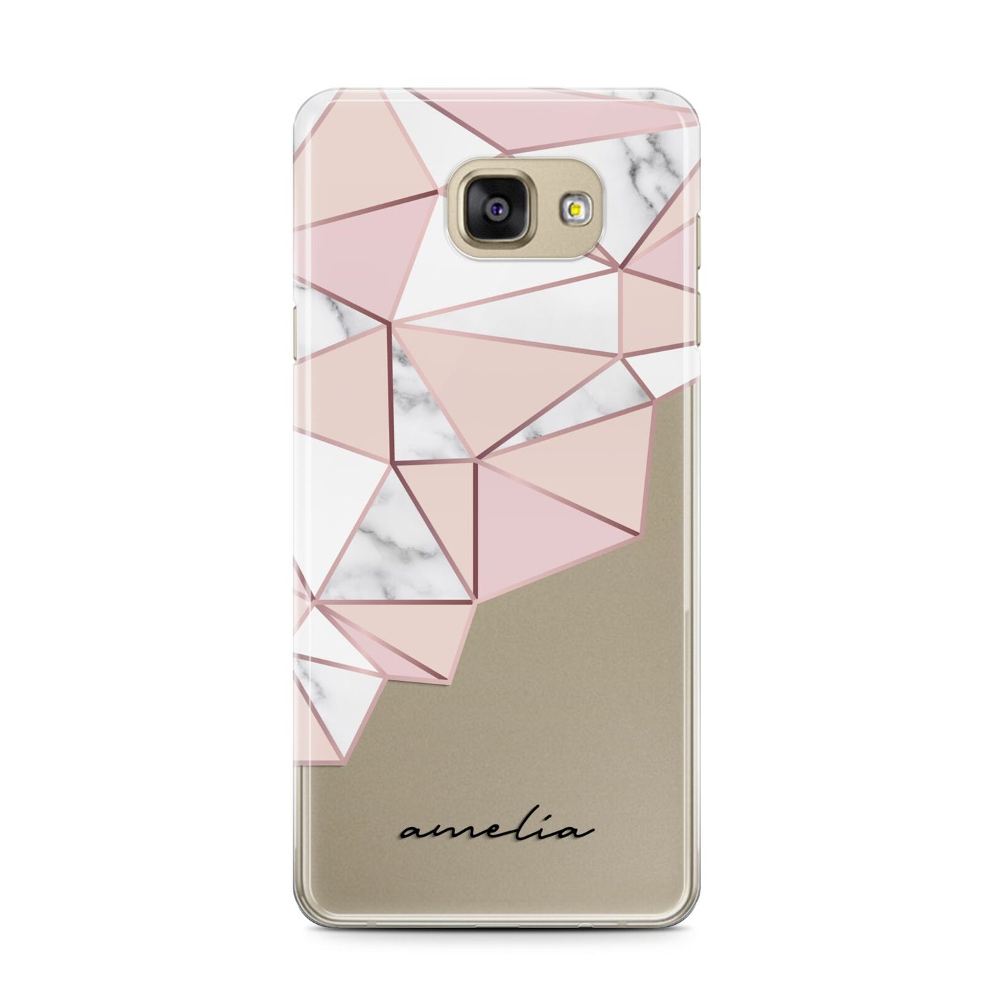 Geometric Pink Marble with Name Samsung Galaxy A7 2016 Case on gold phone