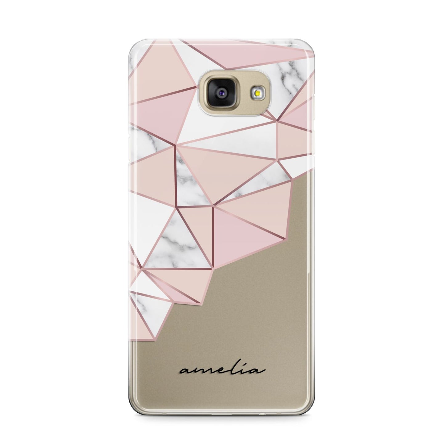 Geometric Pink Marble with Name Samsung Galaxy A9 2016 Case on gold phone