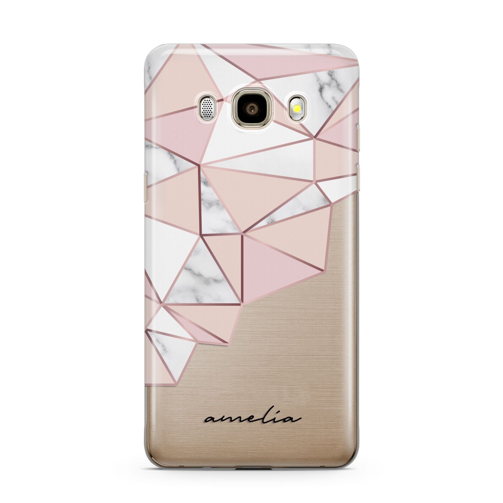 Geometric Pink Marble with Name Samsung Galaxy J7 2016 Case on gold phone