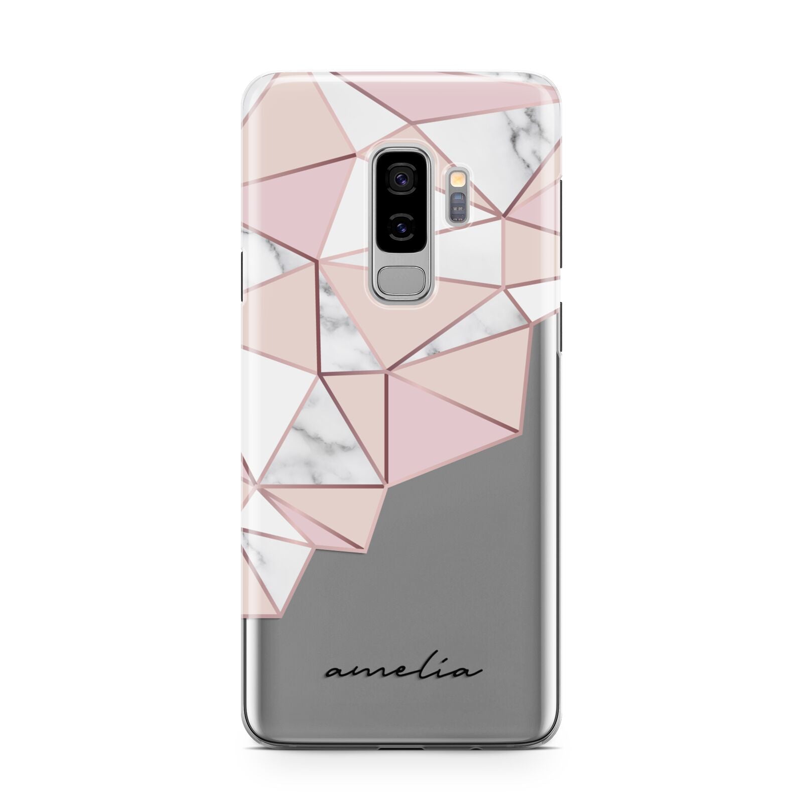 Geometric Pink Marble with Name Samsung Galaxy S9 Plus Case on Silver phone