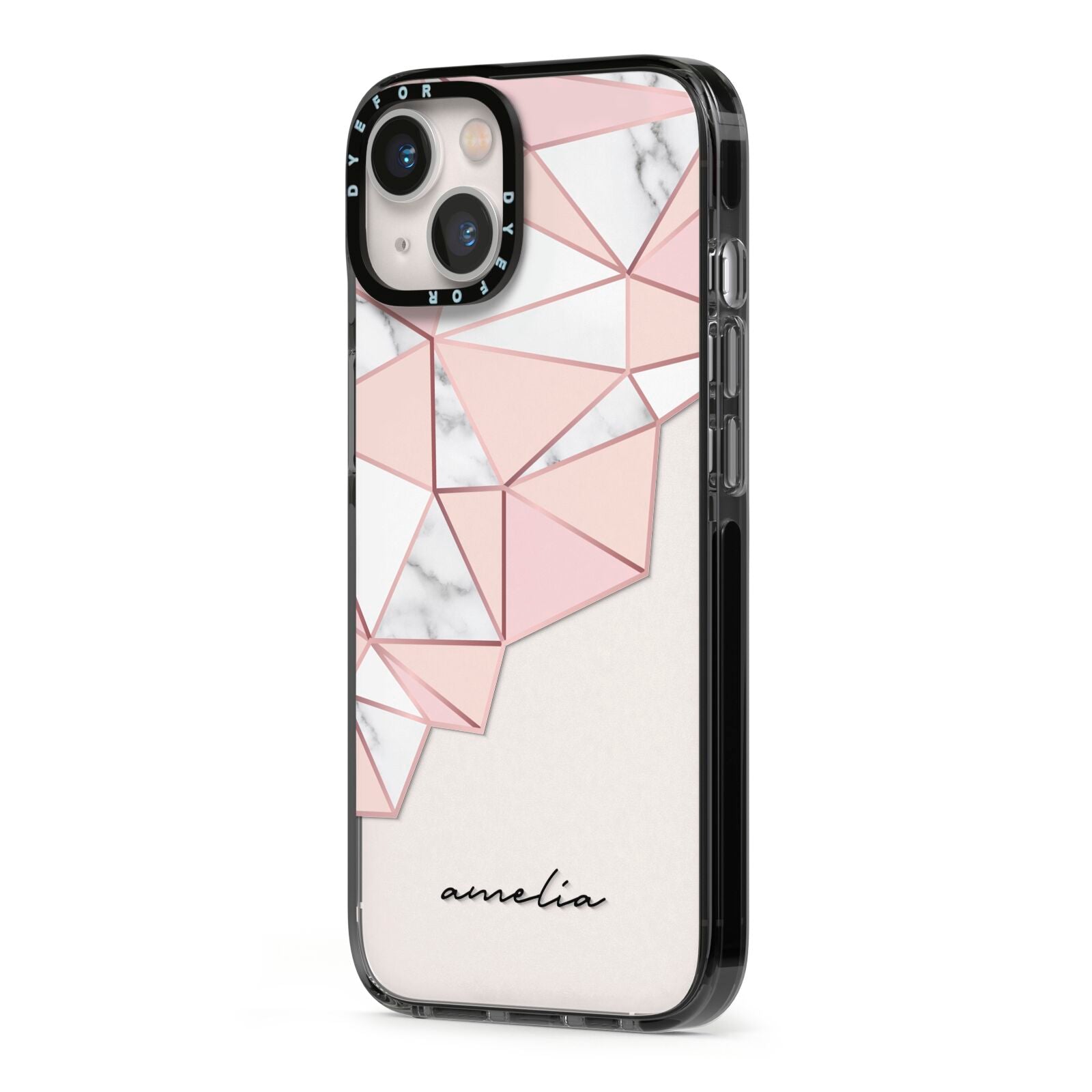 Geometric Pink Marble with Name iPhone 13 Black Impact Case Side Angle on Silver phone