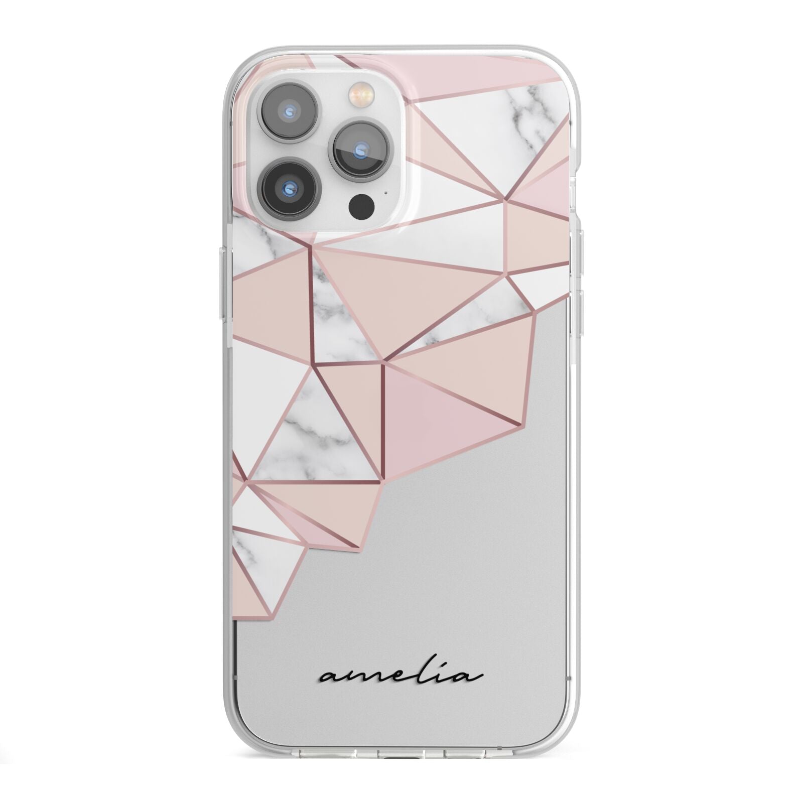 Geometric Pink Marble with Name iPhone 13 Pro Max TPU Impact Case with White Edges