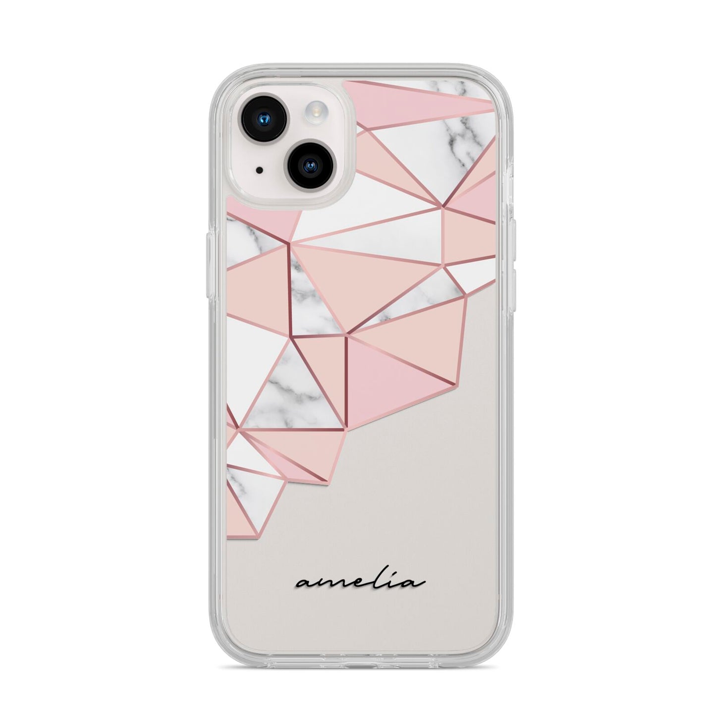 Geometric Pink Marble with Name iPhone 14 Plus Clear Tough Case Starlight