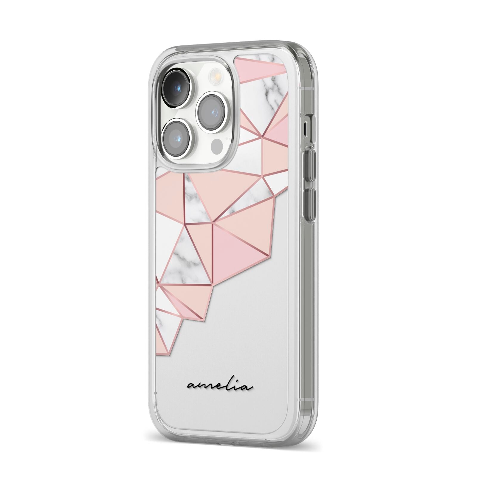 Geometric Pink Marble with Name iPhone 14 Pro Clear Tough Case Silver Angled Image