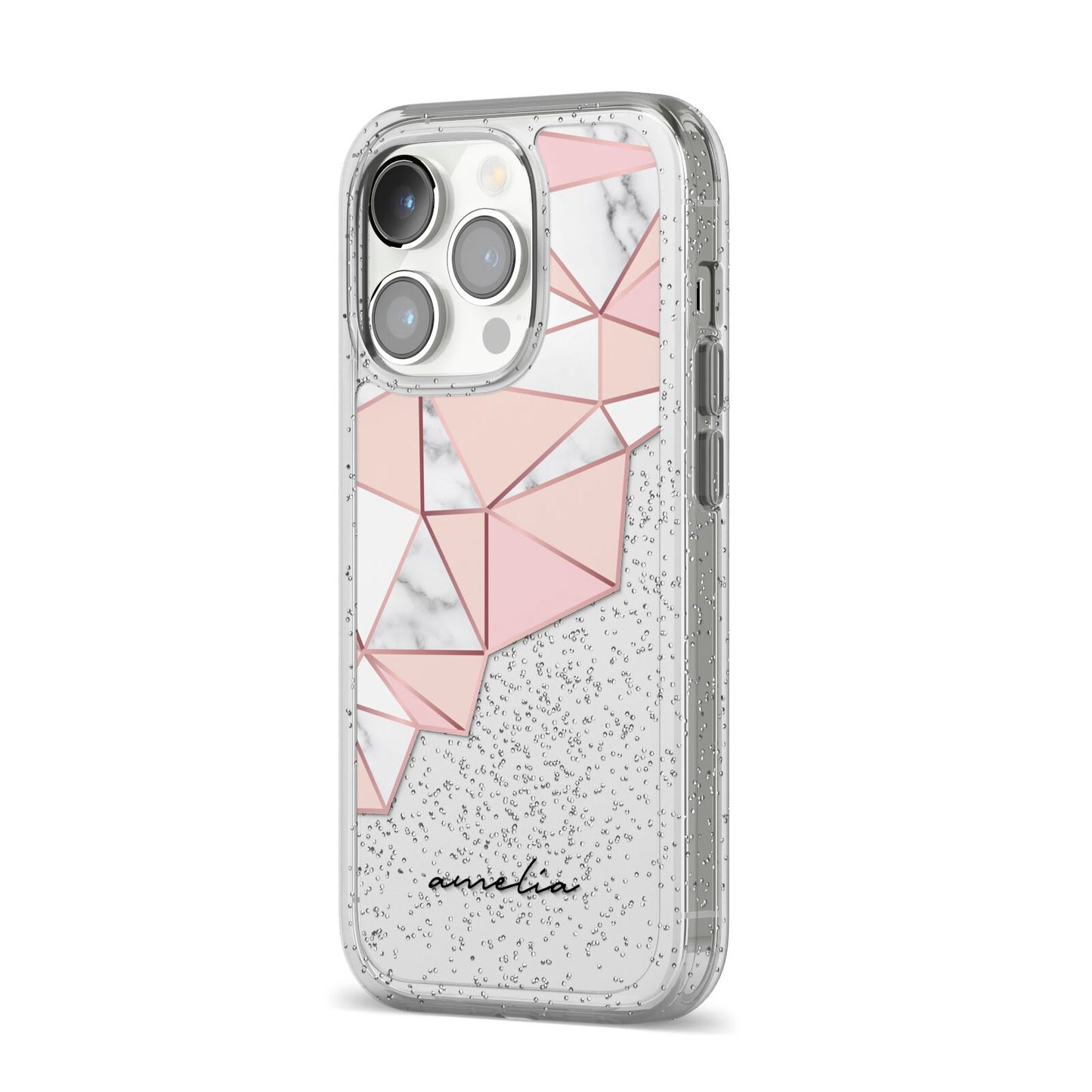 Geometric Pink Marble with Name iPhone 14 Pro Glitter Tough Case Silver Angled Image