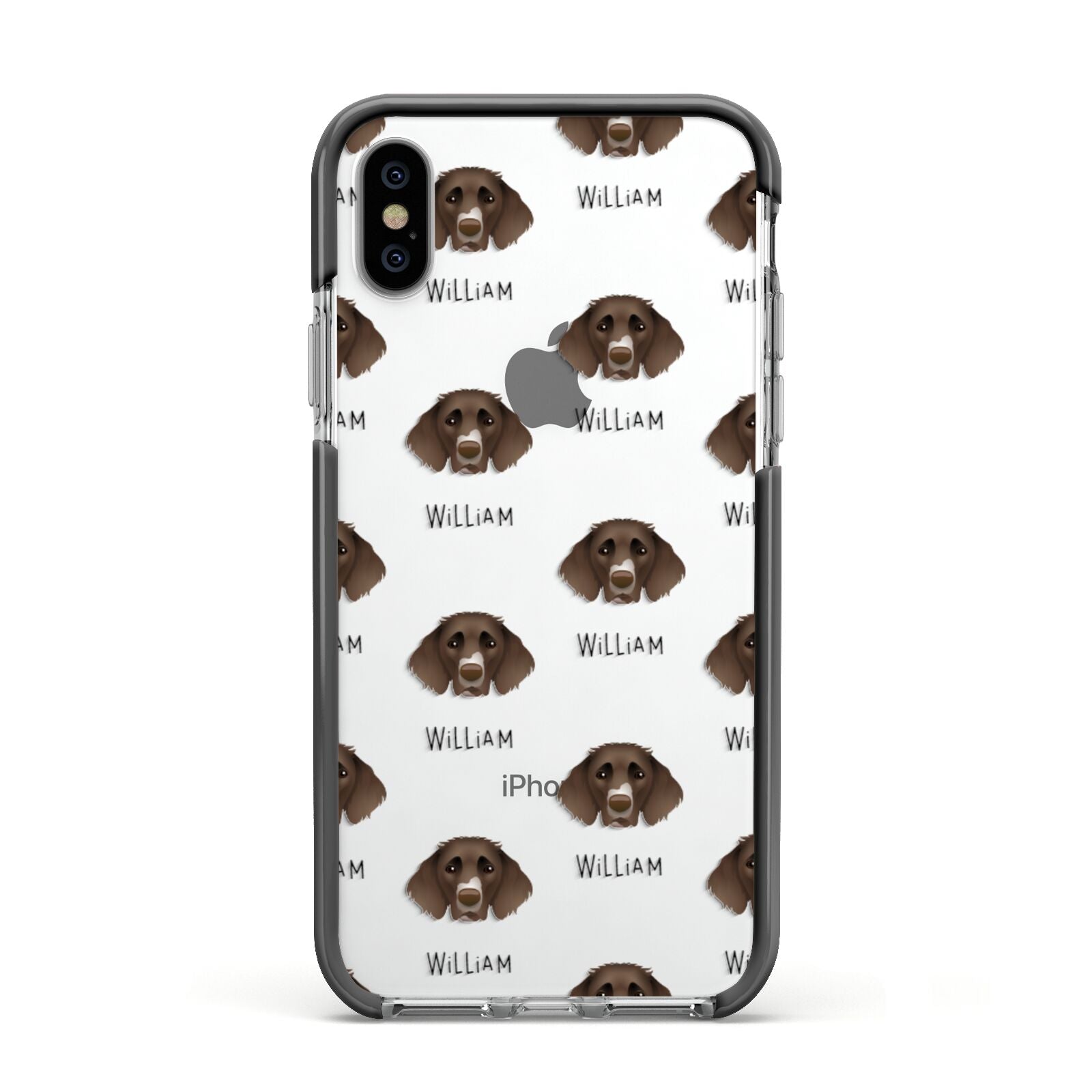 German Longhaired Pointer Icon with Name Apple iPhone Xs Impact Case Black Edge on Silver Phone