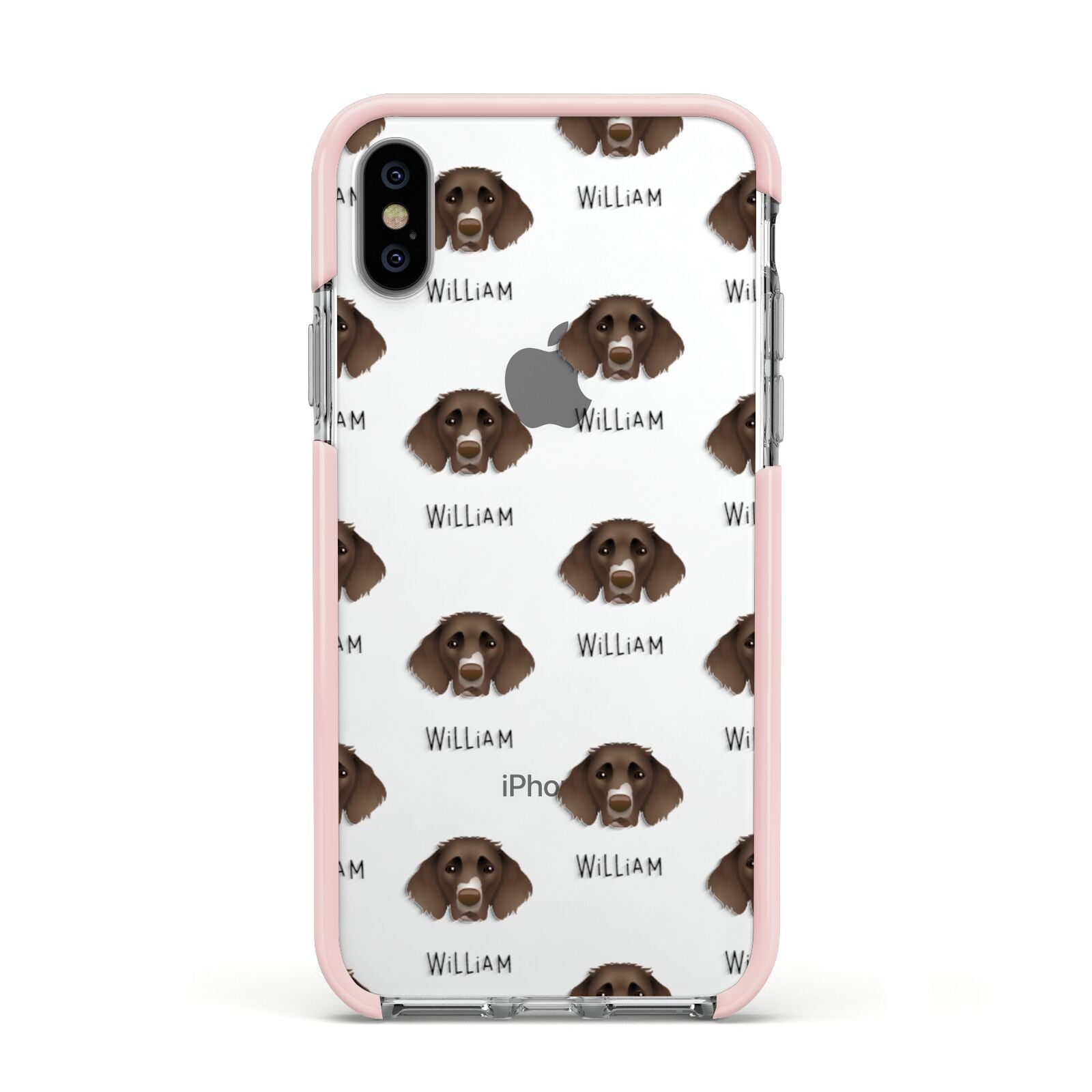 German Longhaired Pointer Icon with Name Apple iPhone Xs Impact Case Pink Edge on Silver Phone