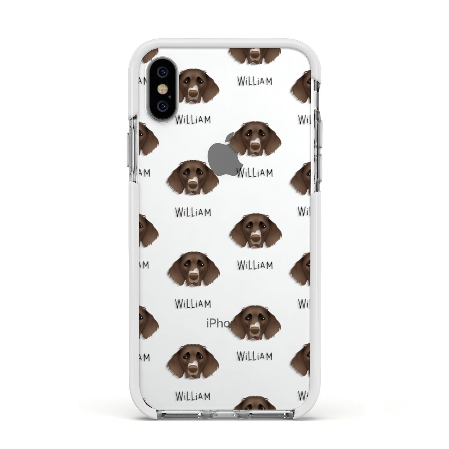 German Longhaired Pointer Icon with Name Apple iPhone Xs Impact Case White Edge on Silver Phone