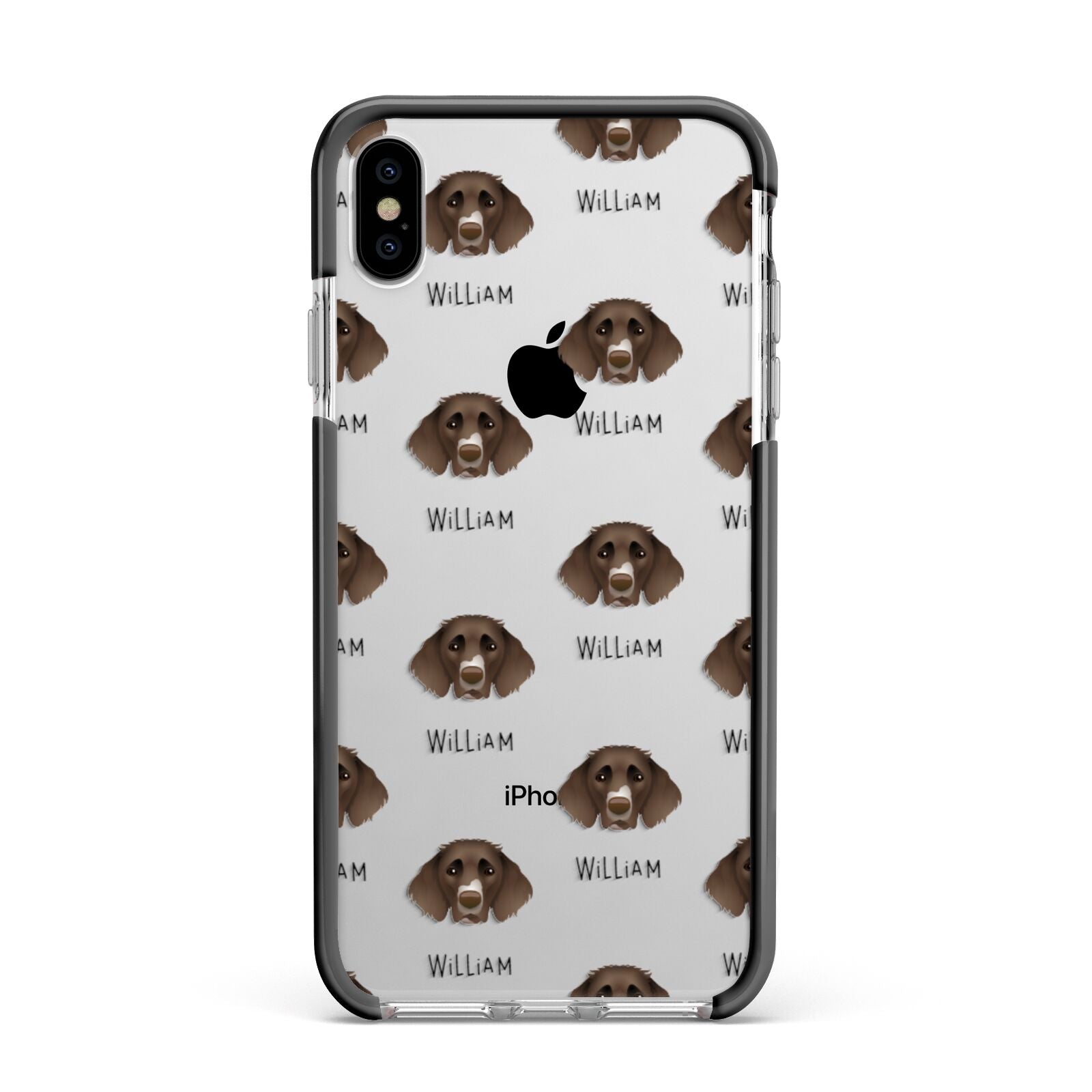 German Longhaired Pointer Icon with Name Apple iPhone Xs Max Impact Case Black Edge on Silver Phone