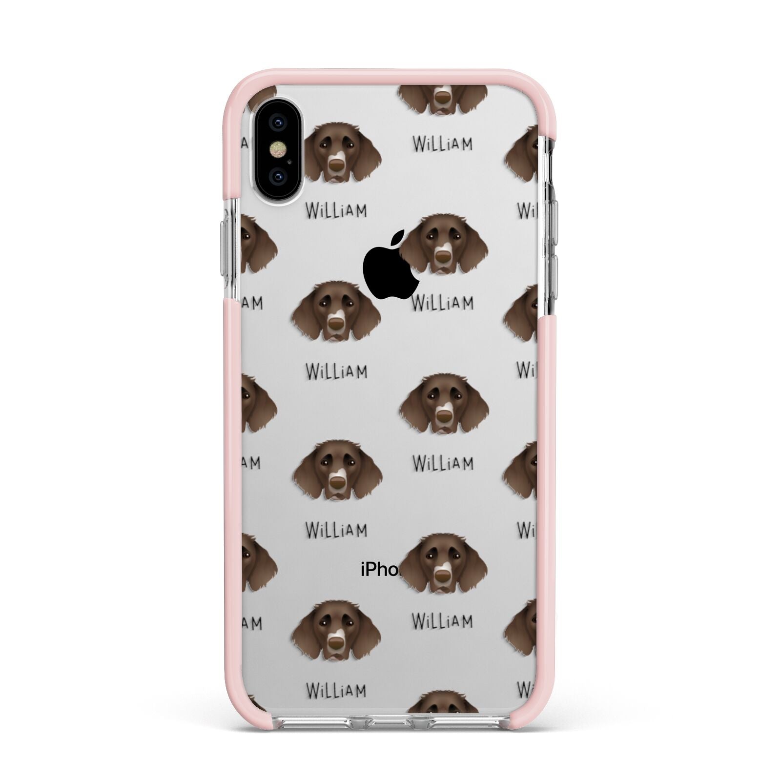 German Longhaired Pointer Icon with Name Apple iPhone Xs Max Impact Case Pink Edge on Silver Phone