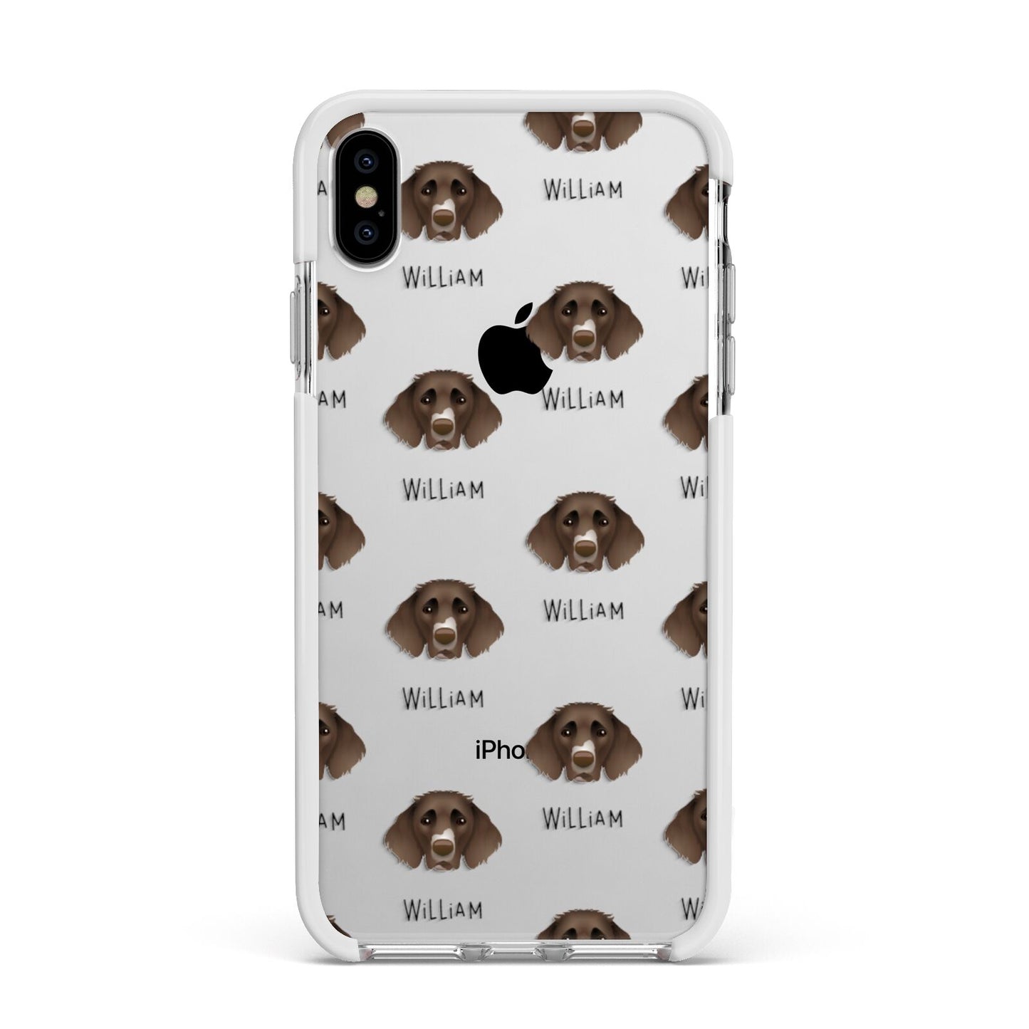 German Longhaired Pointer Icon with Name Apple iPhone Xs Max Impact Case White Edge on Silver Phone