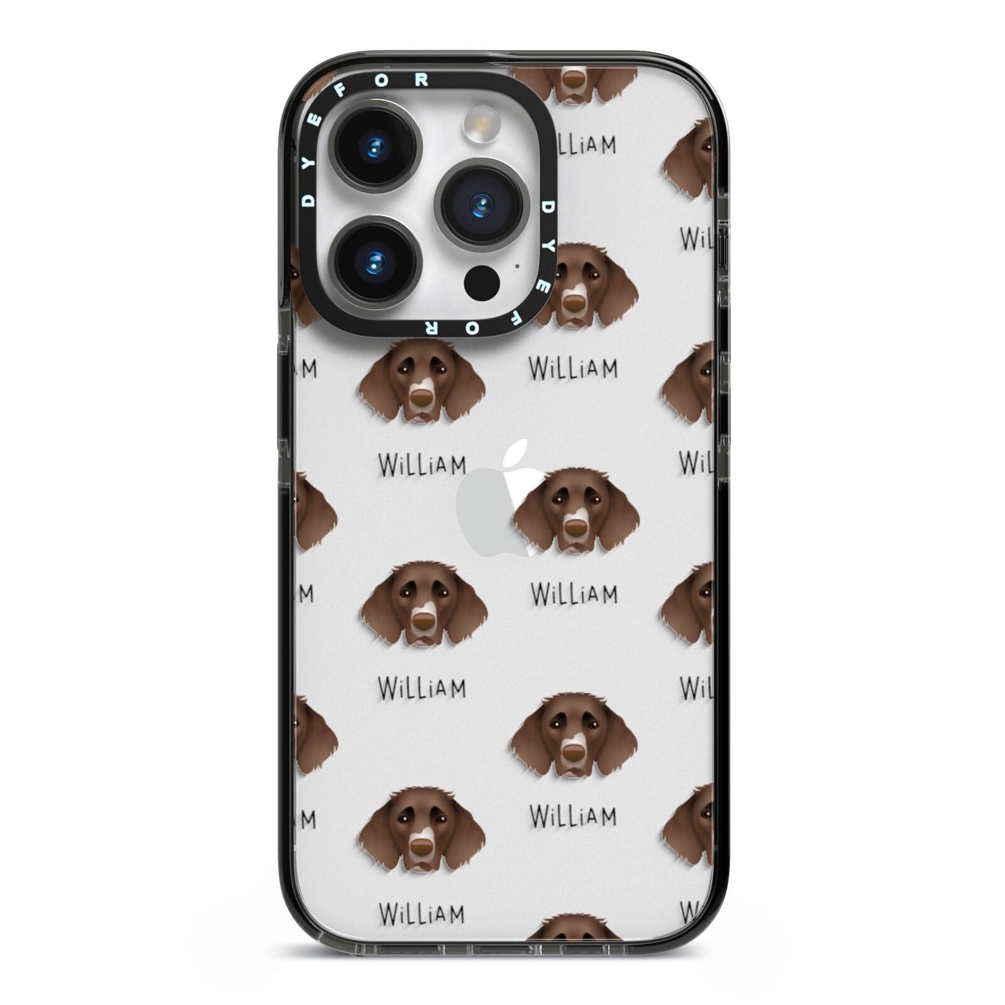 German Longhaired Pointer Icon with Name iPhone 14 Pro Black Impact Case on Silver phone