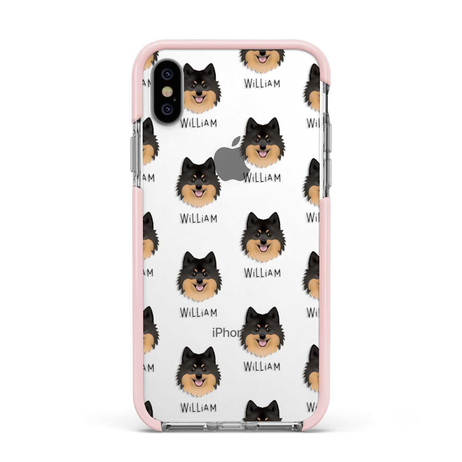 German Spitz Icon with Name Apple iPhone Xs Impact Case Pink Edge on Silver Phone