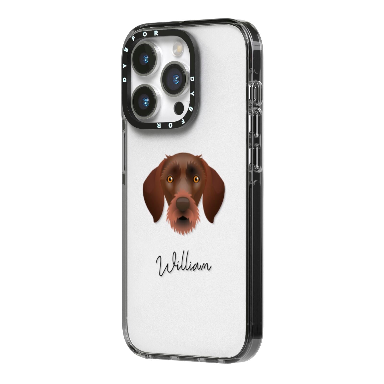 German Wirehaired Pointer Personalised iPhone 14 Pro Black Impact Case Side Angle on Silver phone