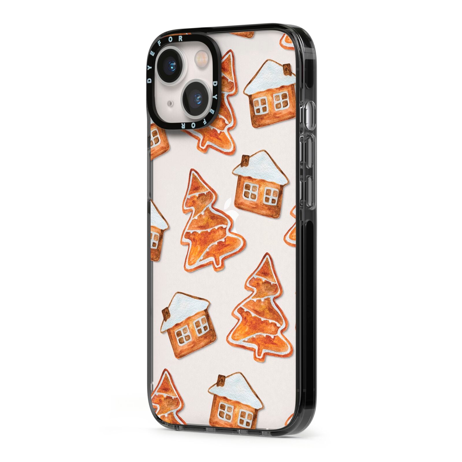 Gingerbread House Tree iPhone 13 Black Impact Case Side Angle on Silver phone