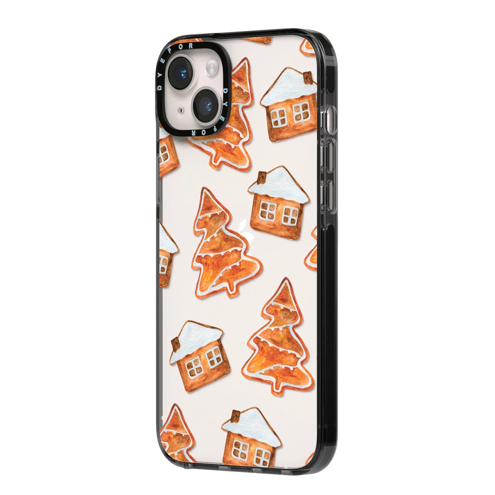 Gingerbread House Tree iPhone 14 Plus Black Impact Case Side Angle on Silver phone