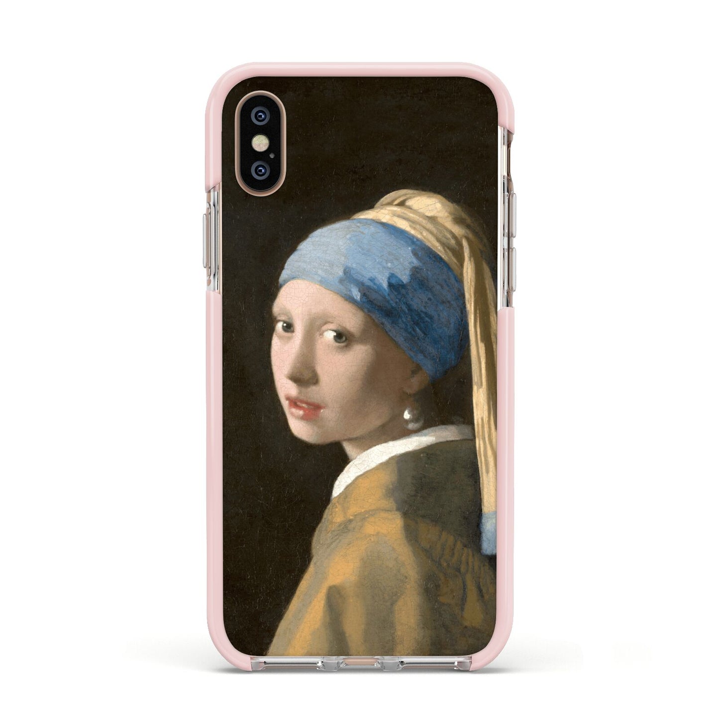 Girl With A Pearl Earring By Johannes Vermeer Apple iPhone Xs Impact Case Pink Edge on Gold Phone