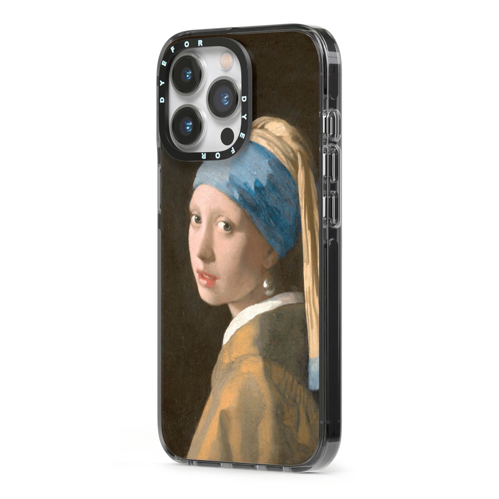 Girl With A Pearl Earring By Johannes Vermeer iPhone 13 Pro Black Impact Case Side Angle on Silver phone