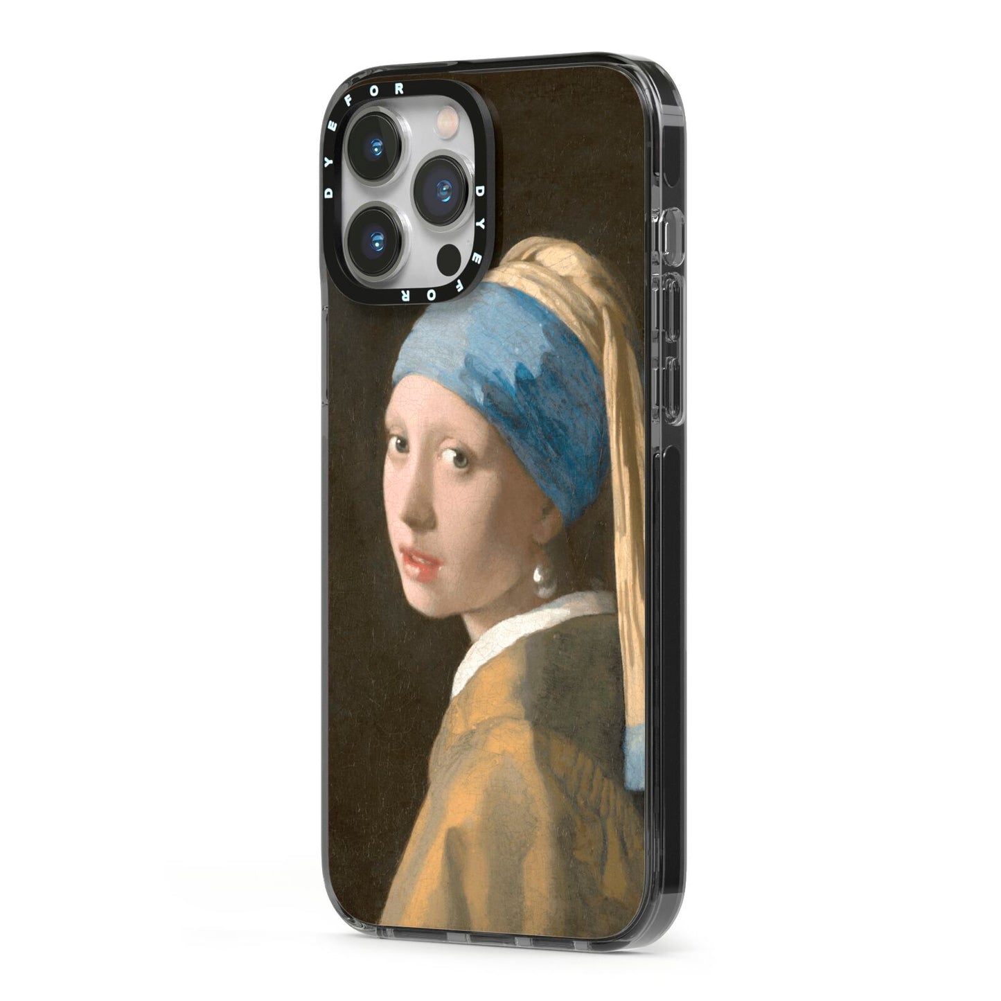 Girl With A Pearl Earring By Johannes Vermeer iPhone 13 Pro Max Black Impact Case Side Angle on Silver phone