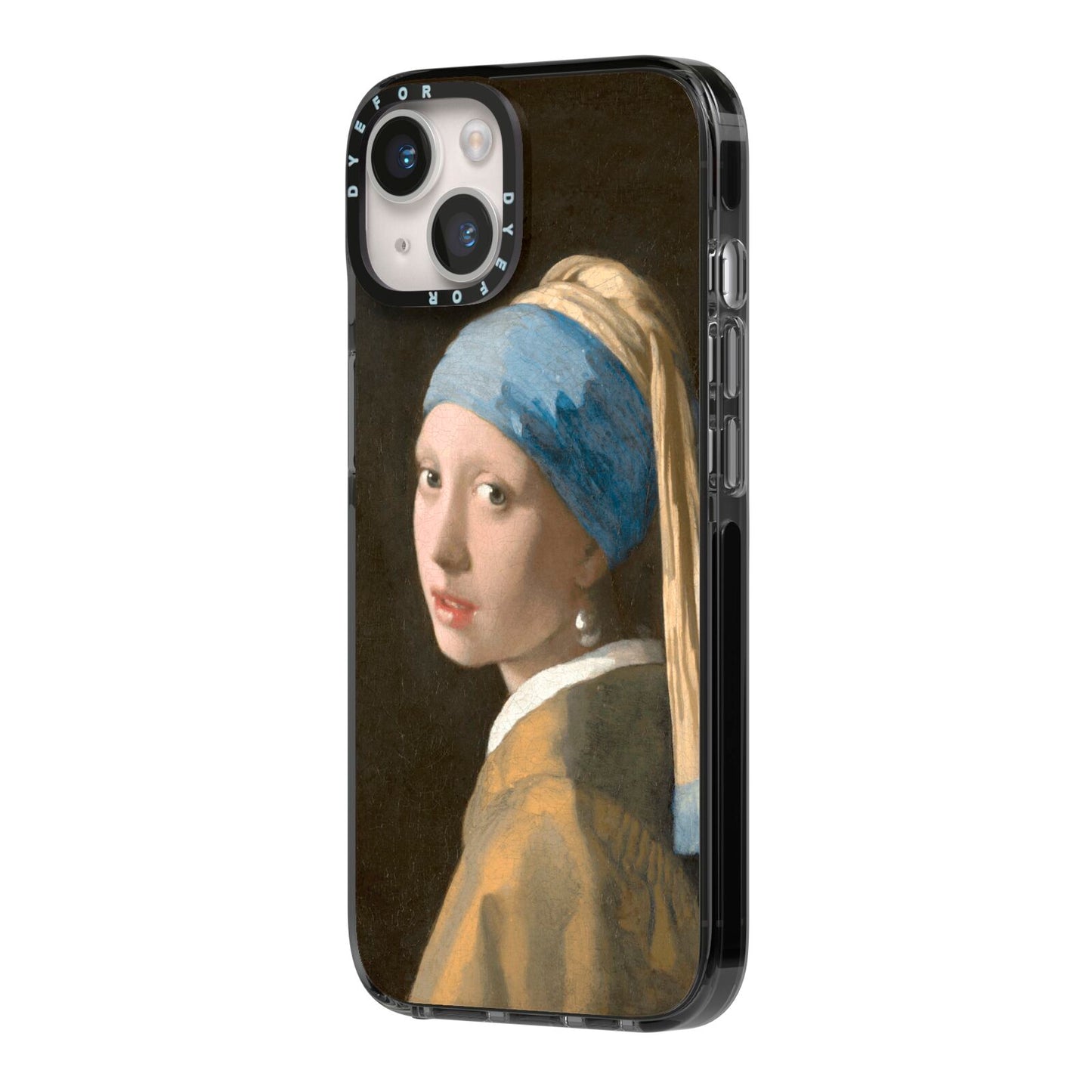Girl With A Pearl Earring By Johannes Vermeer iPhone 14 Black Impact Case Side Angle on Silver phone