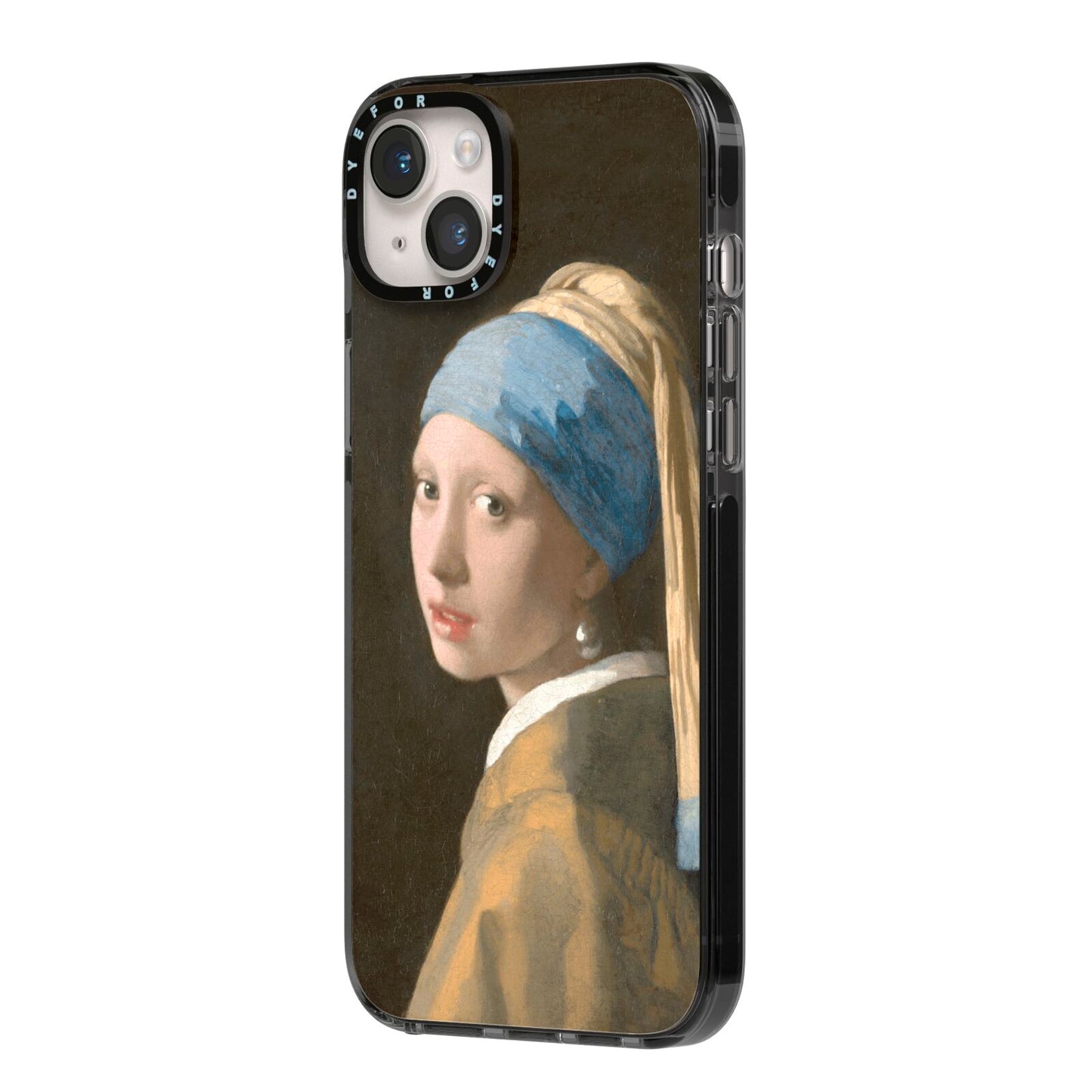 Girl With A Pearl Earring By Johannes Vermeer iPhone 14 Plus Black Impact Case Side Angle on Silver phone