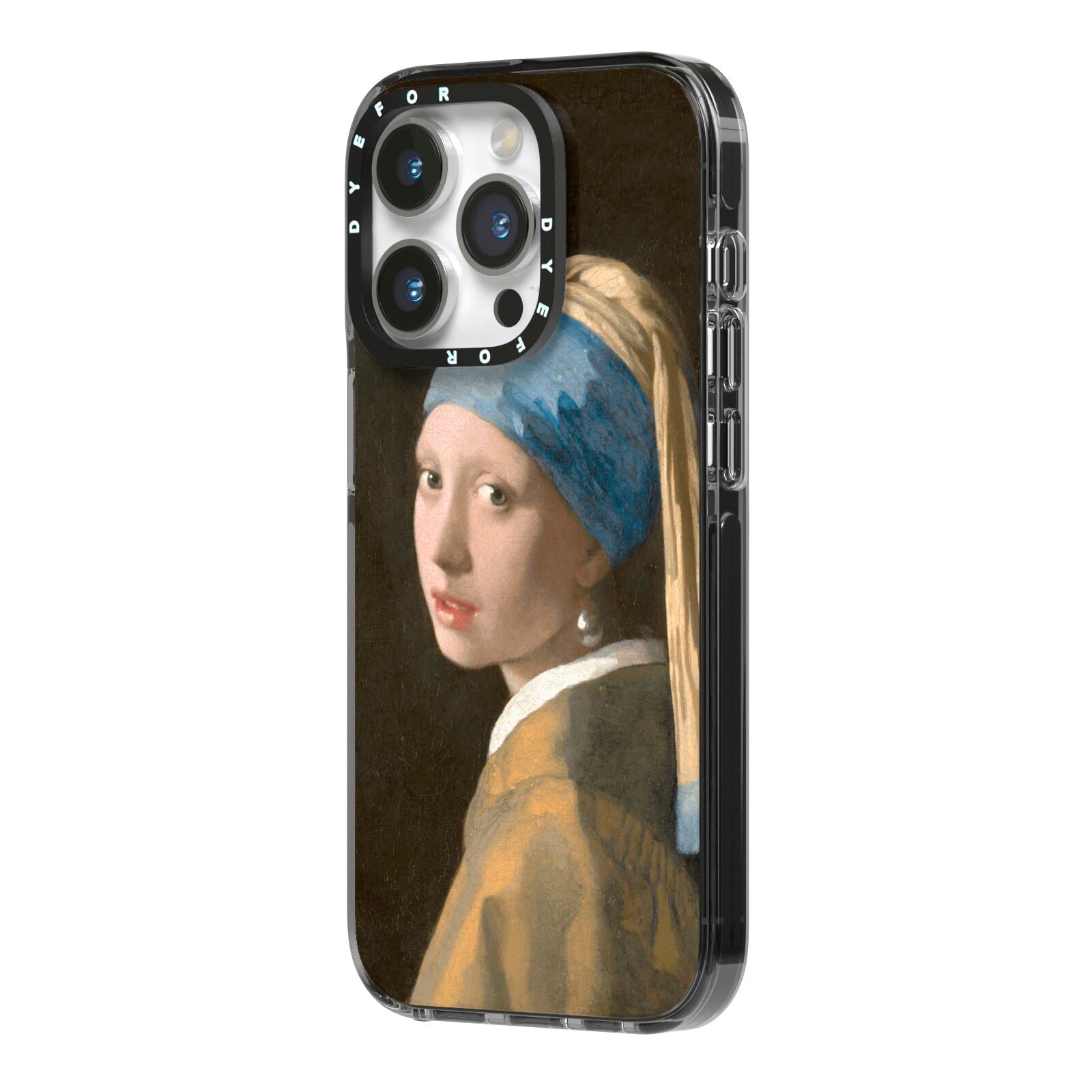 Girl With A Pearl Earring By Johannes Vermeer iPhone 14 Pro Black Impact Case Side Angle on Silver phone