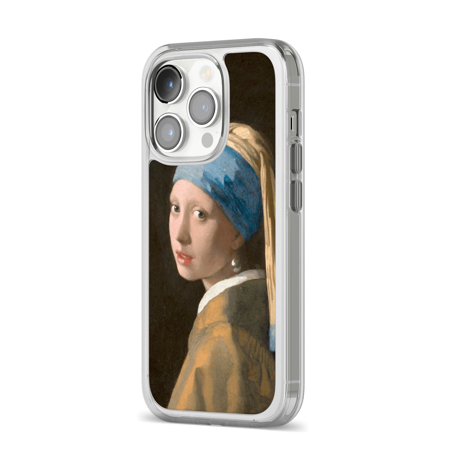 Girl With A Pearl Earring By Johannes Vermeer iPhone 14 Pro Clear Tough Case Silver Angled Image
