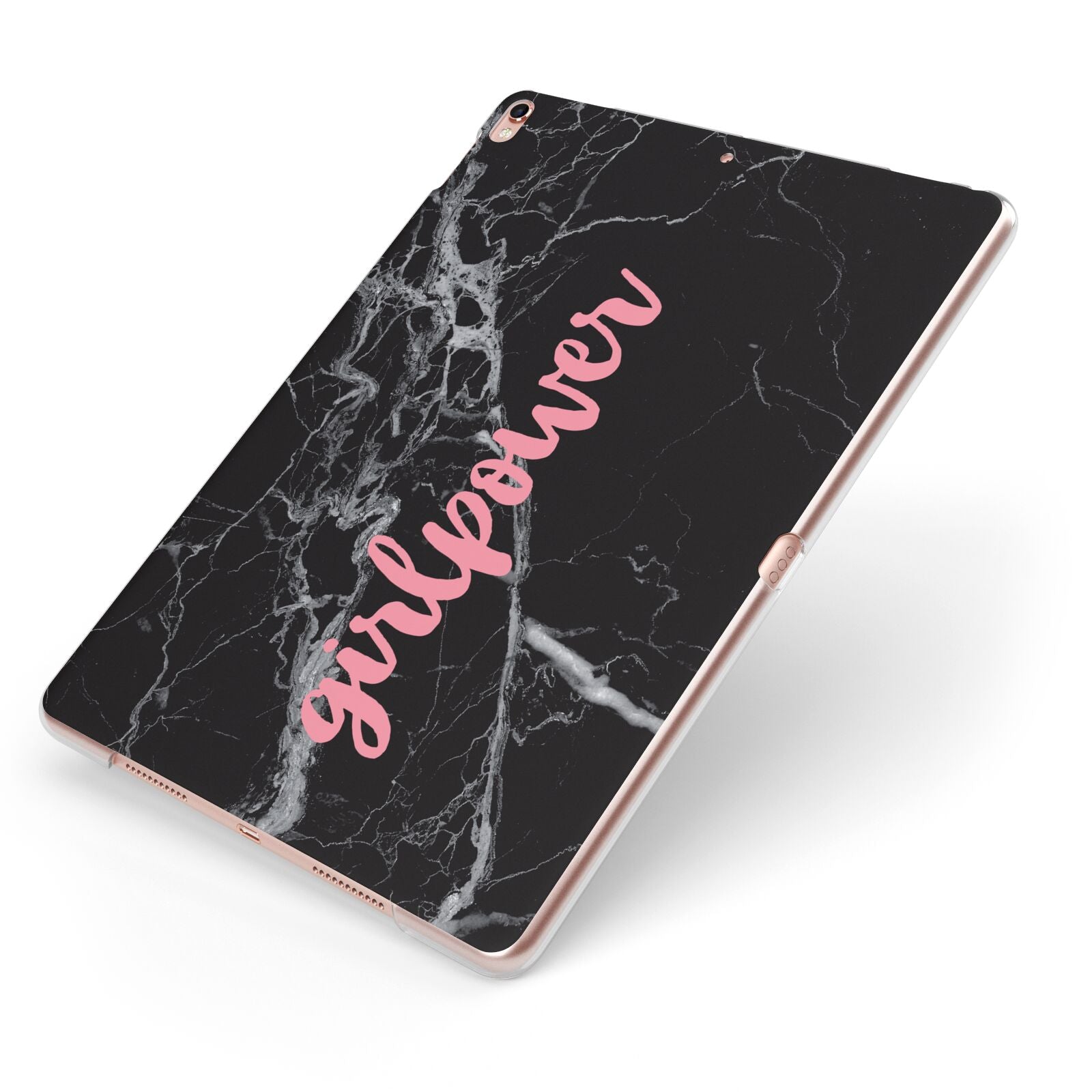 Girlpower Black White Marble Effect Apple iPad Case on Rose Gold iPad Side View