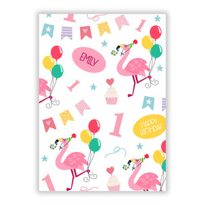 Personalisierte Geburtstagsgrußkarte für Mädchen mit Flamingomotiv