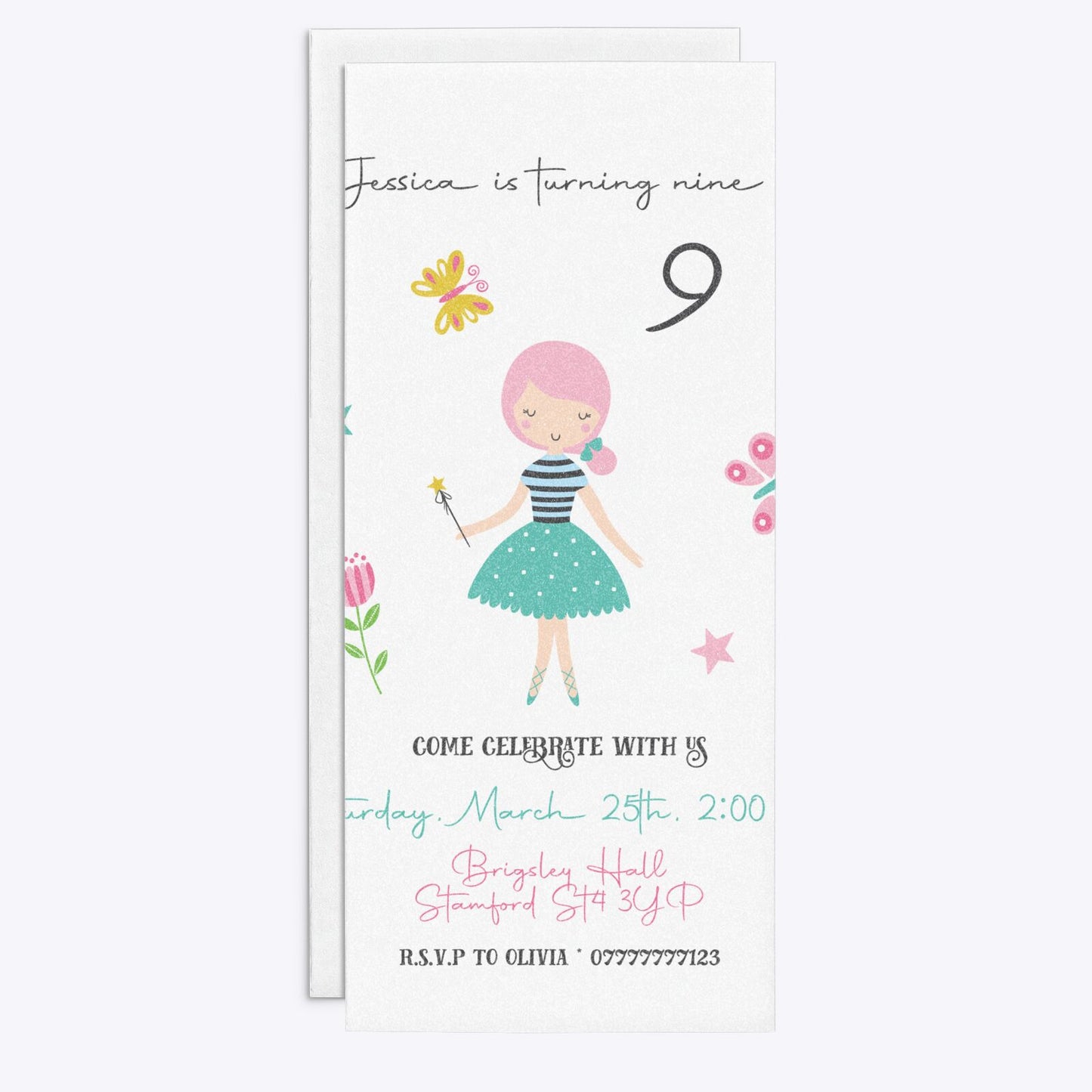 Girls Personalised Birthday 4x9 Rectangle Invitation Glitter Front and Back Image