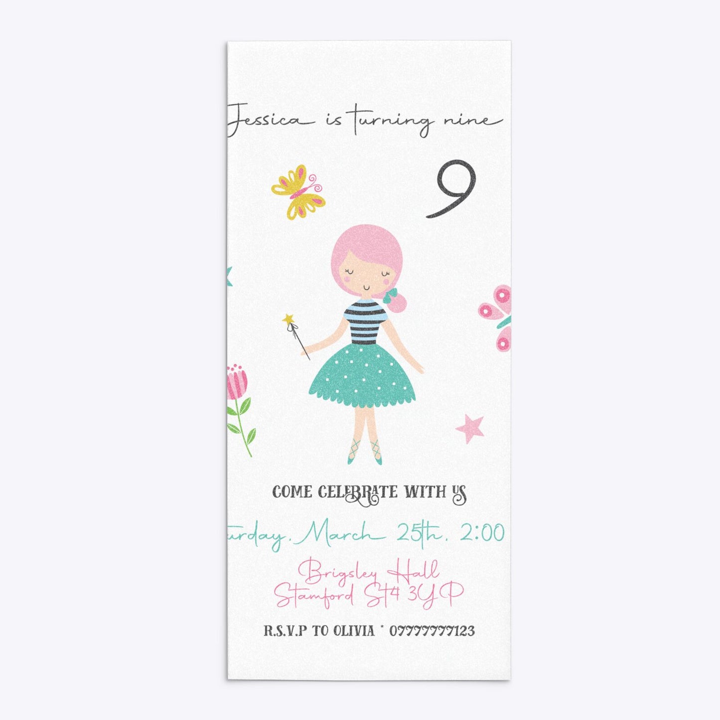 Girls Personalised Birthday 4x9 Rectangle Invitation Glitter