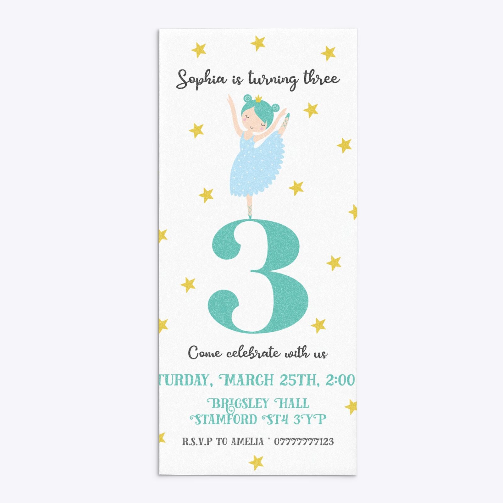 Girls Personalised Birthday Ballerina 4x9 Rectangle Invitation Glitter