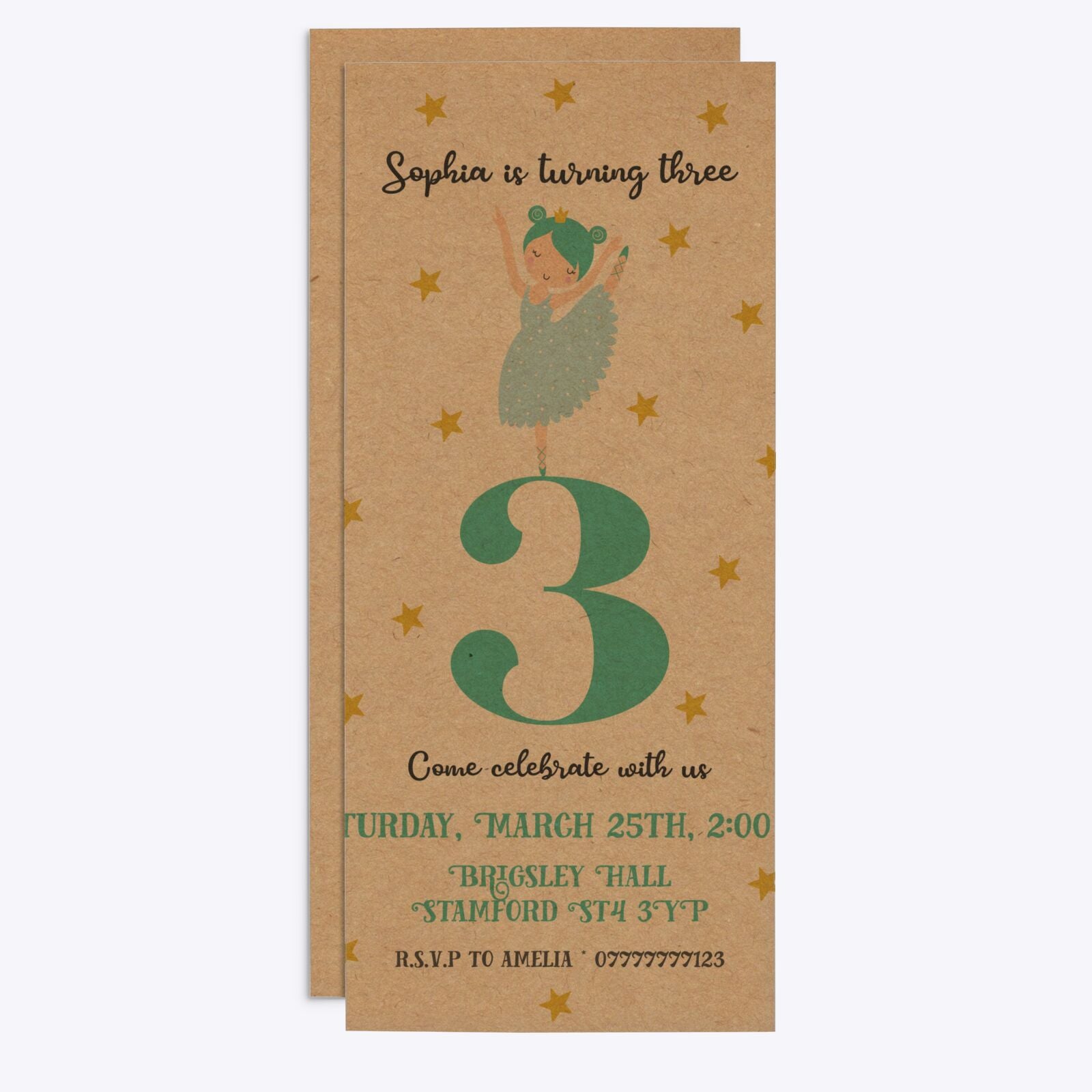 Girls Personalised Birthday Ballerina 4x9 Rectangle Invitation Kraft Front and Back Image