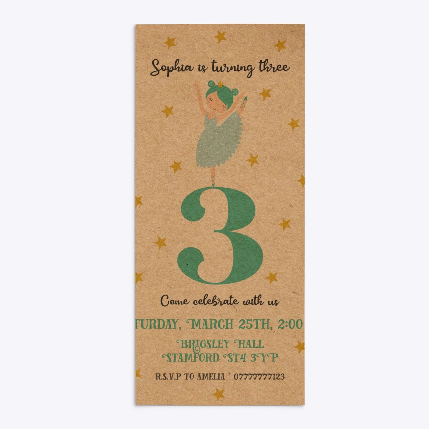 Girls Personalised Birthday Ballerina 4x9 Rectangle Invitation Kraft