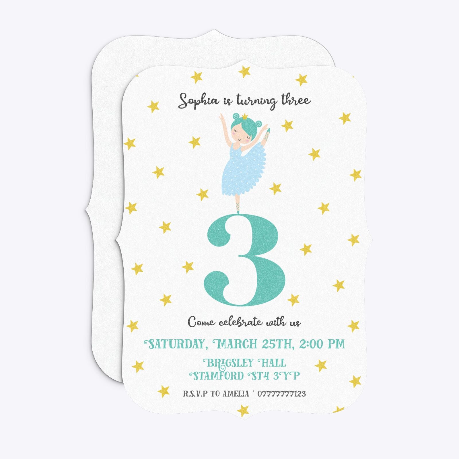 Girls Personalised Birthday Ballerina Bracket Invitation Glitter Front and Back Image